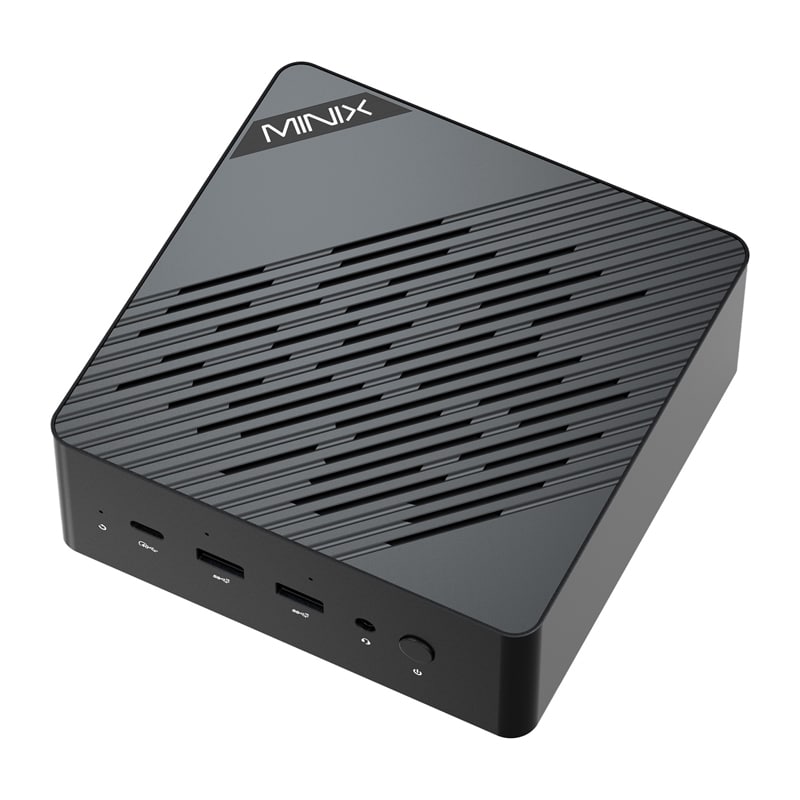 MiniX miniarvuti õhutatud ülemise ja esipordiga (USB, võimsus) kompaktses mustas šassiis.