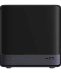 Small square NAS/network storage device with front status LEDs and a USB 3.0 port on a dark gray panel.