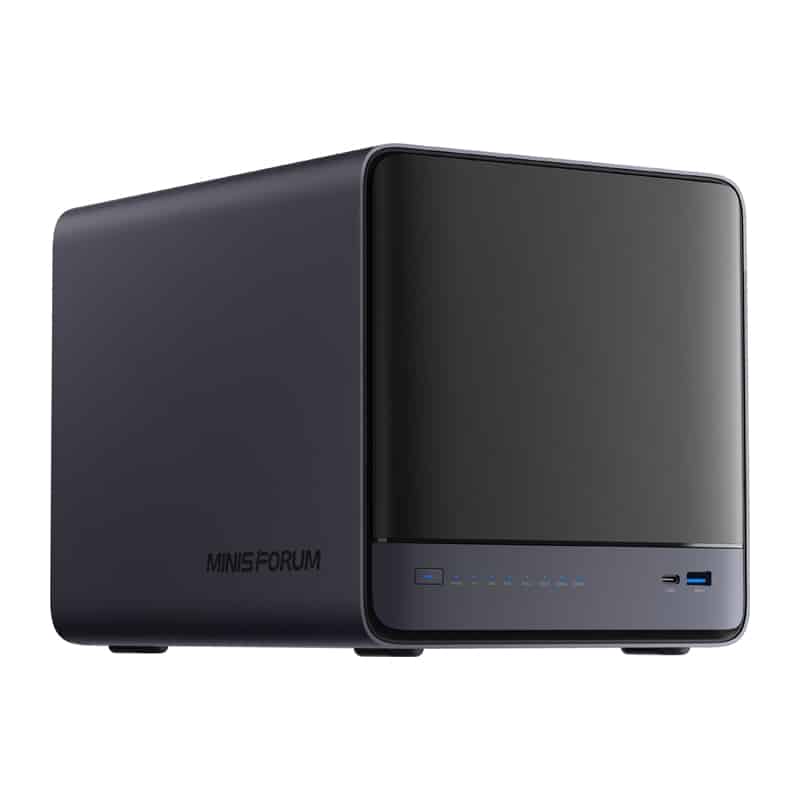 Compact dark mini desktop computer with blue status LEDs along the front panel and two USB ports on the right edge.