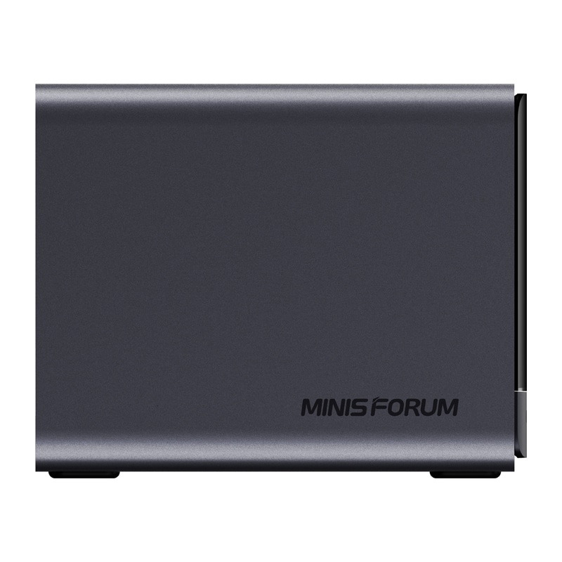 Side view of a dark gray MinisForum mini PC with the logo visible on the front panel.