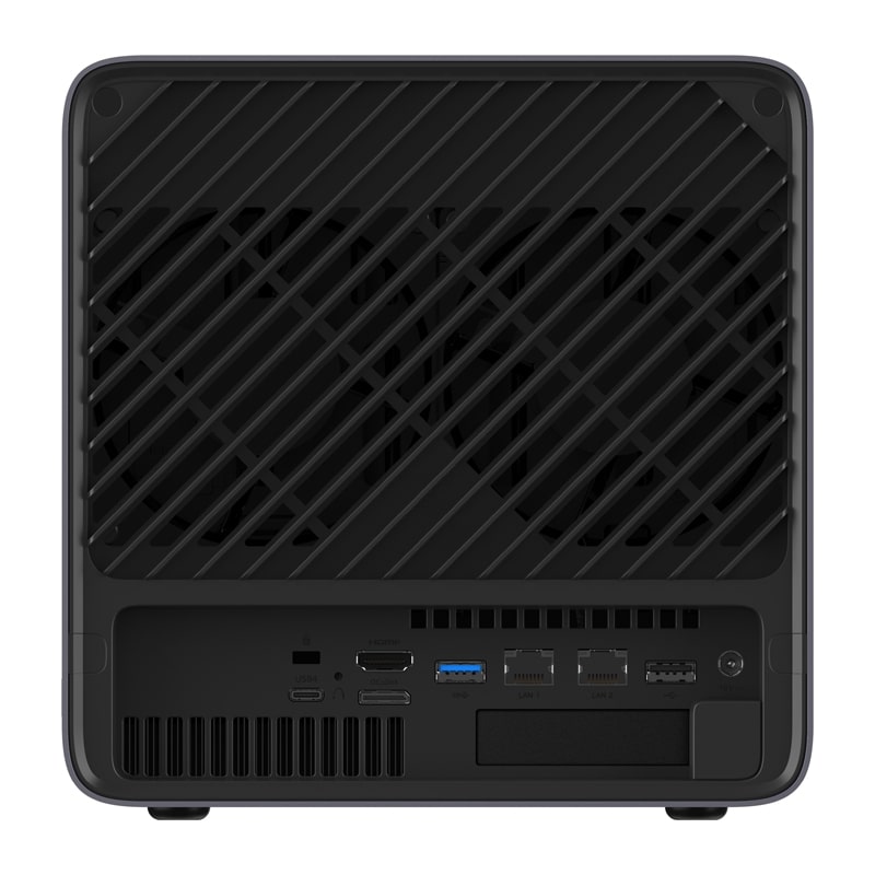 Rear view of a compact black NAS device with a large diagonal vented cooling area and several I/O ports including HDMI, USB-C, USB-A, two LAN ports, and a drive bay slot