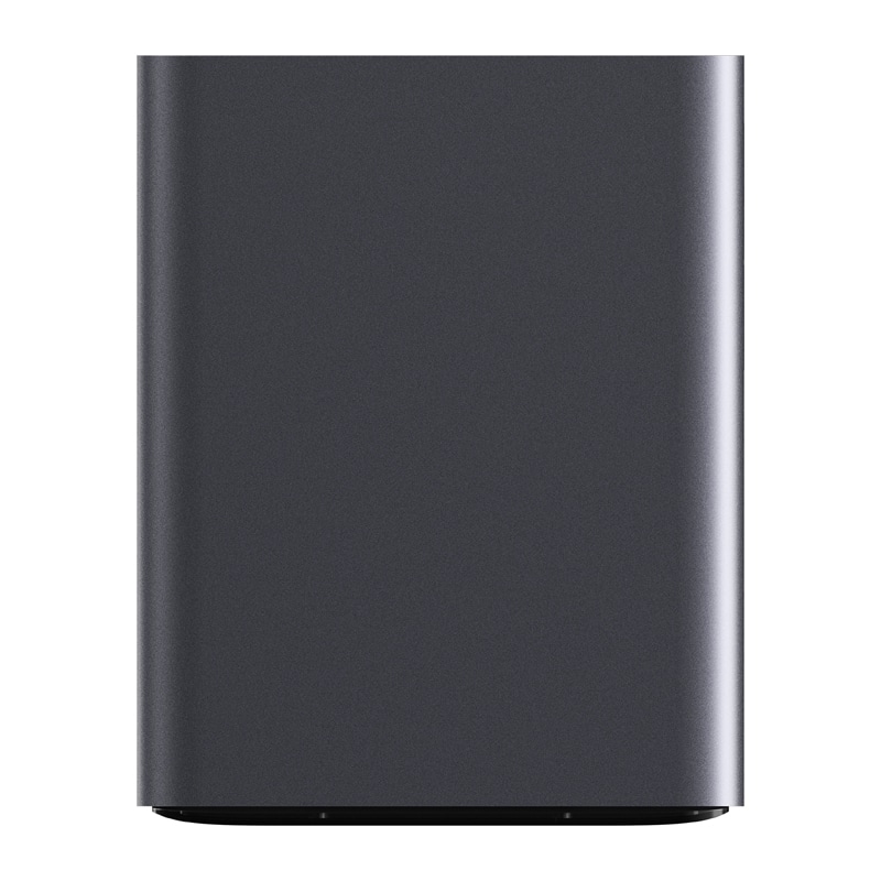 Front view of a tall, matte dark-gray refrigerator with a smooth surface and rounded base edge