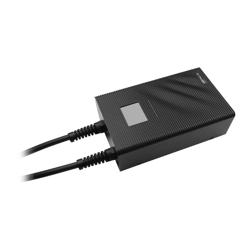 Black rectangular power adapter with two attached cables (AC input and DC output) on a white background to the right of center.