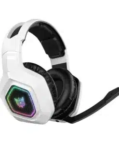 White over-ear gaming headset with black cushions and rainbow RGB lighting on the earcup, mic boom extended to the side.