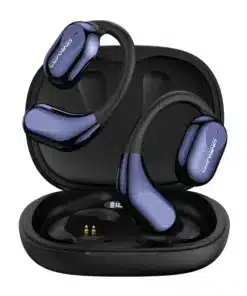 Wireless earbuds with a blue-purple glossy finish in an open black charging case
