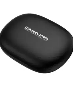 Black oval charging case for wireless earbuds with a white logo on top.