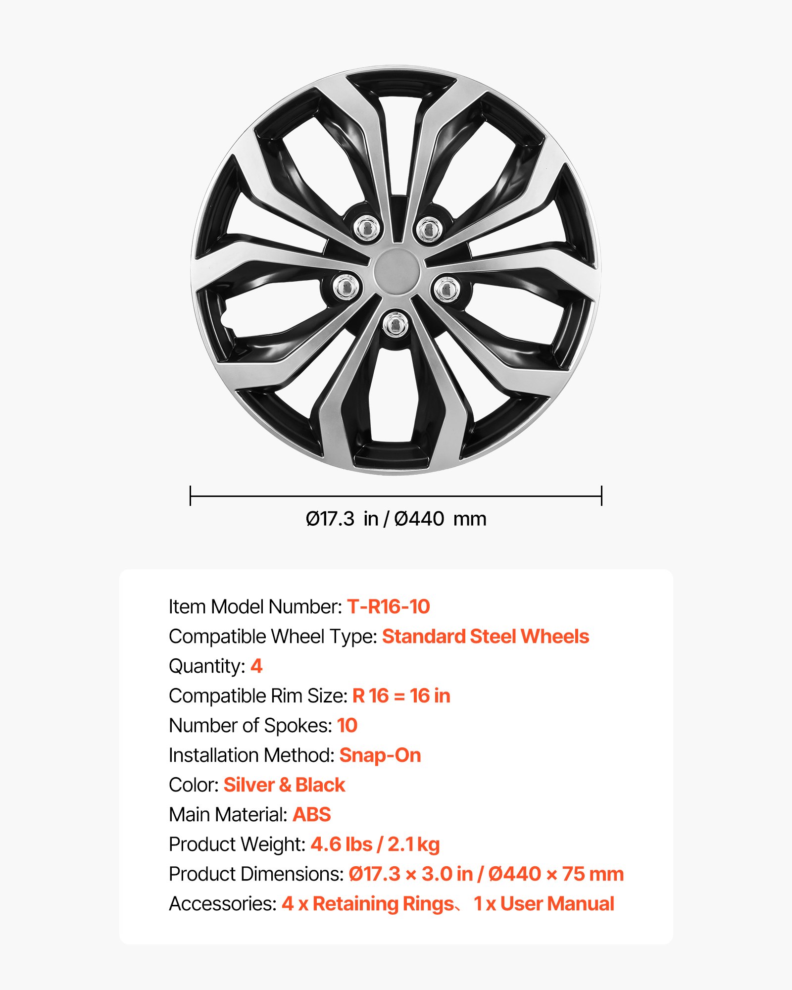VEVOR 40.6 cm Hubcaps Set 4, Universal 16" ABS Wheel Covers 10-Spoke, Silver/Black Rim Caps for Steel Rims Hyundai Chevrolet Ford Honda — изображение 7