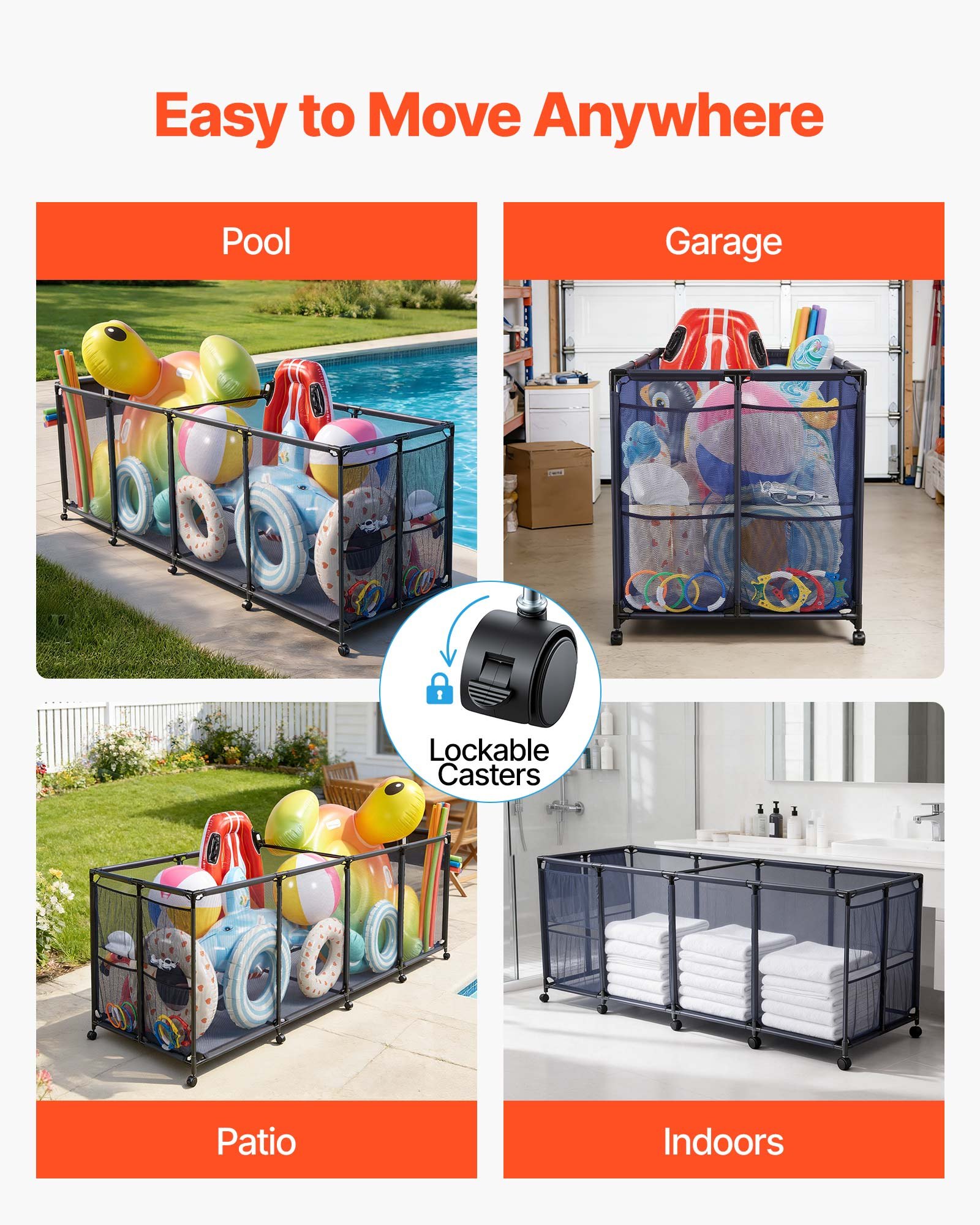 VEVOR Large Pool Storage Bin 262x81.5x89 cm, Rolling Float Organizer with Mesh Basket, Side Pockets & Noodle Holder, Metal Frame – Paveikslėlis 6