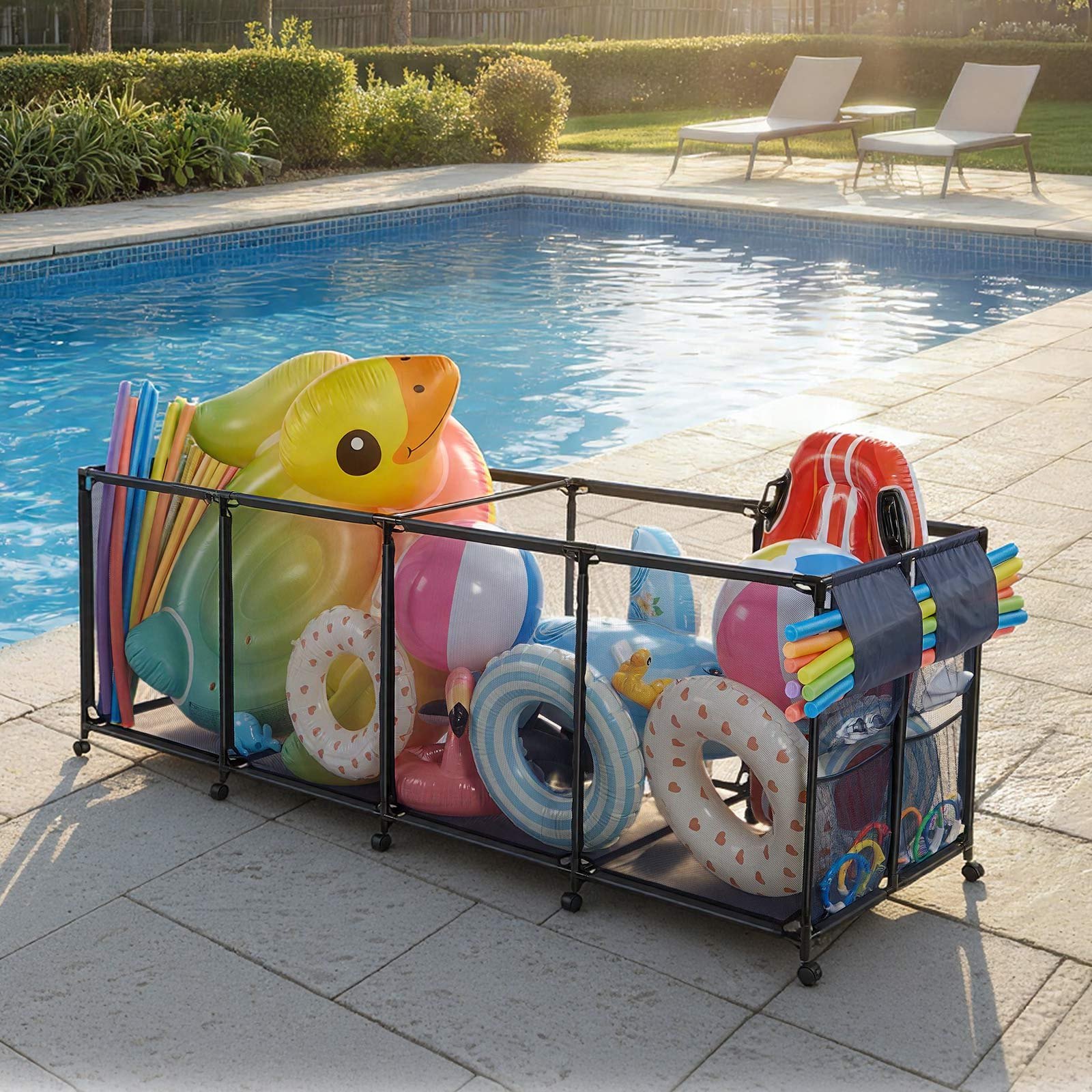 VEVOR Large Pool Storage Bin 262x81.5x89 cm, Rolling Float Organizer with Mesh Basket, Side Pockets & Noodle Holder, Metal Frame – Paveikslėlis 8
