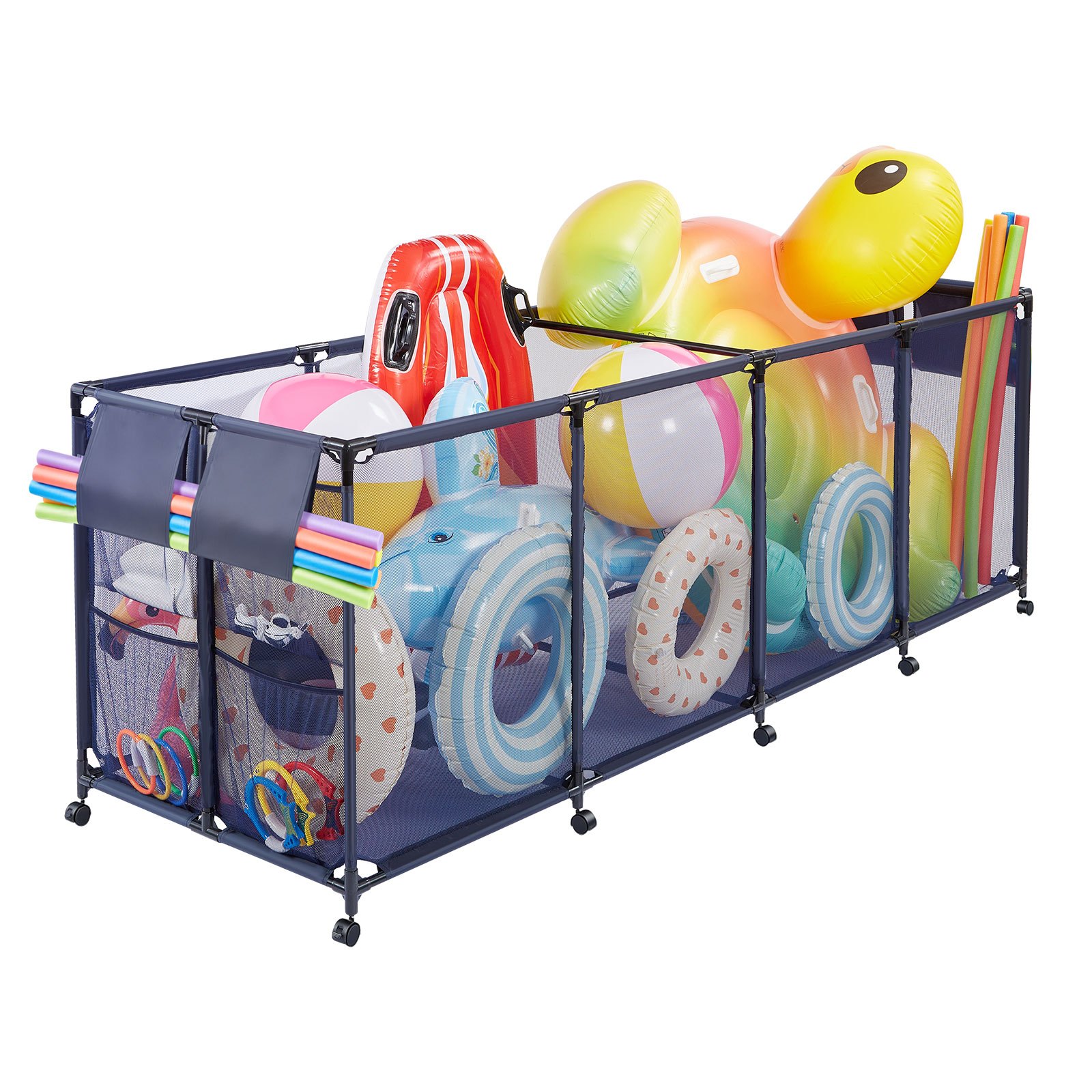 VEVOR Large Pool Storage Bin 262x81.5x89 cm, Rolling Float Organizer with Mesh Basket, Side Pockets & Noodle Holder, Metal Frame – Paveikslėlis 10