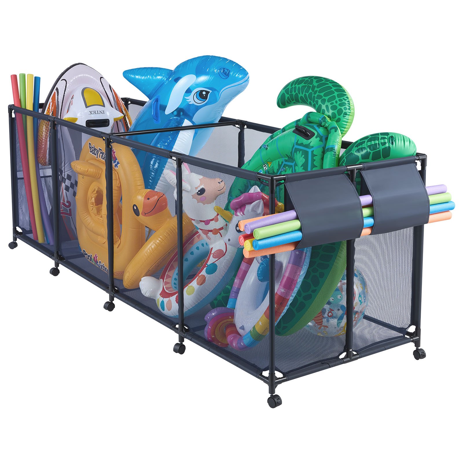 VEVOR Large Pool Storage Bin 262x81.5x89 cm, Rolling Float Organizer with Mesh Basket, Side Pockets & Noodle Holder, Metal Frame – Paveikslėlis 12
