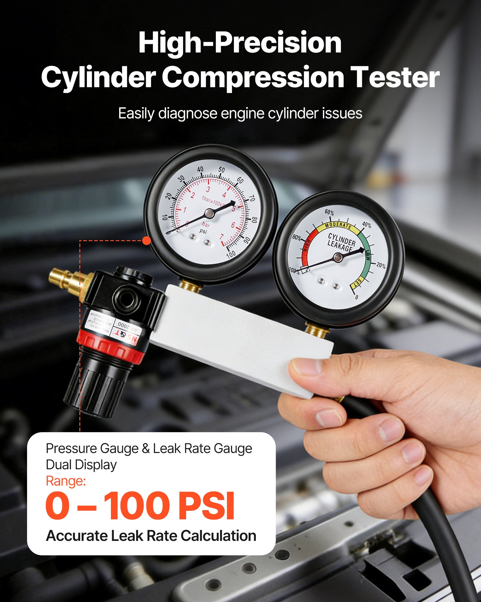 VEVOR Dual-Gauge Engine Cylinder Compression & Leak Down Tester Kit 0–7 bar with 4 Adapters for Cars and Motorcycles — attēls 2
