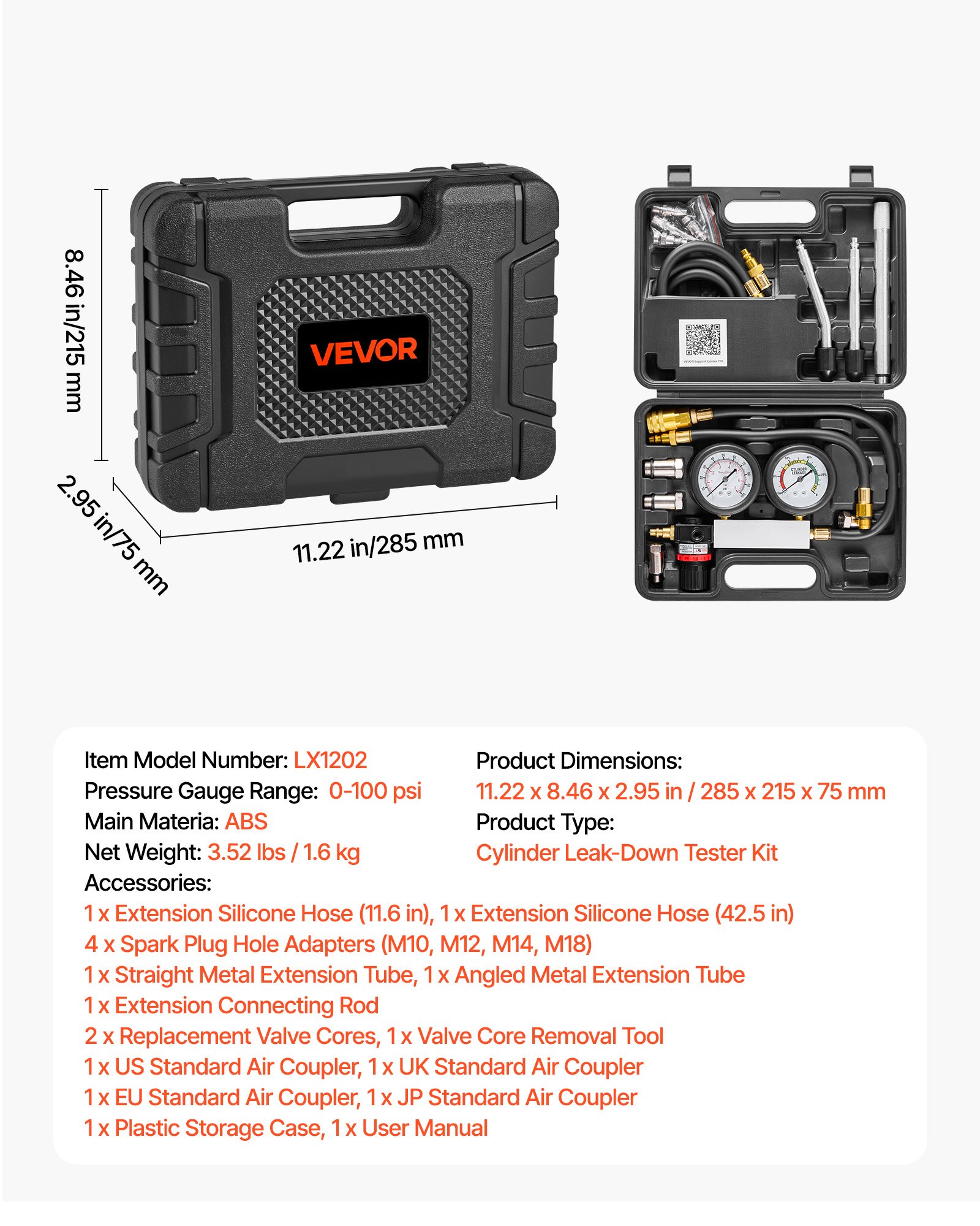 VEVOR Dual-Gauge Engine Cylinder Compression & Leak Down Tester Kit 0–7 bar with 4 Adapters for Cars and Motorcycles — attēls 7