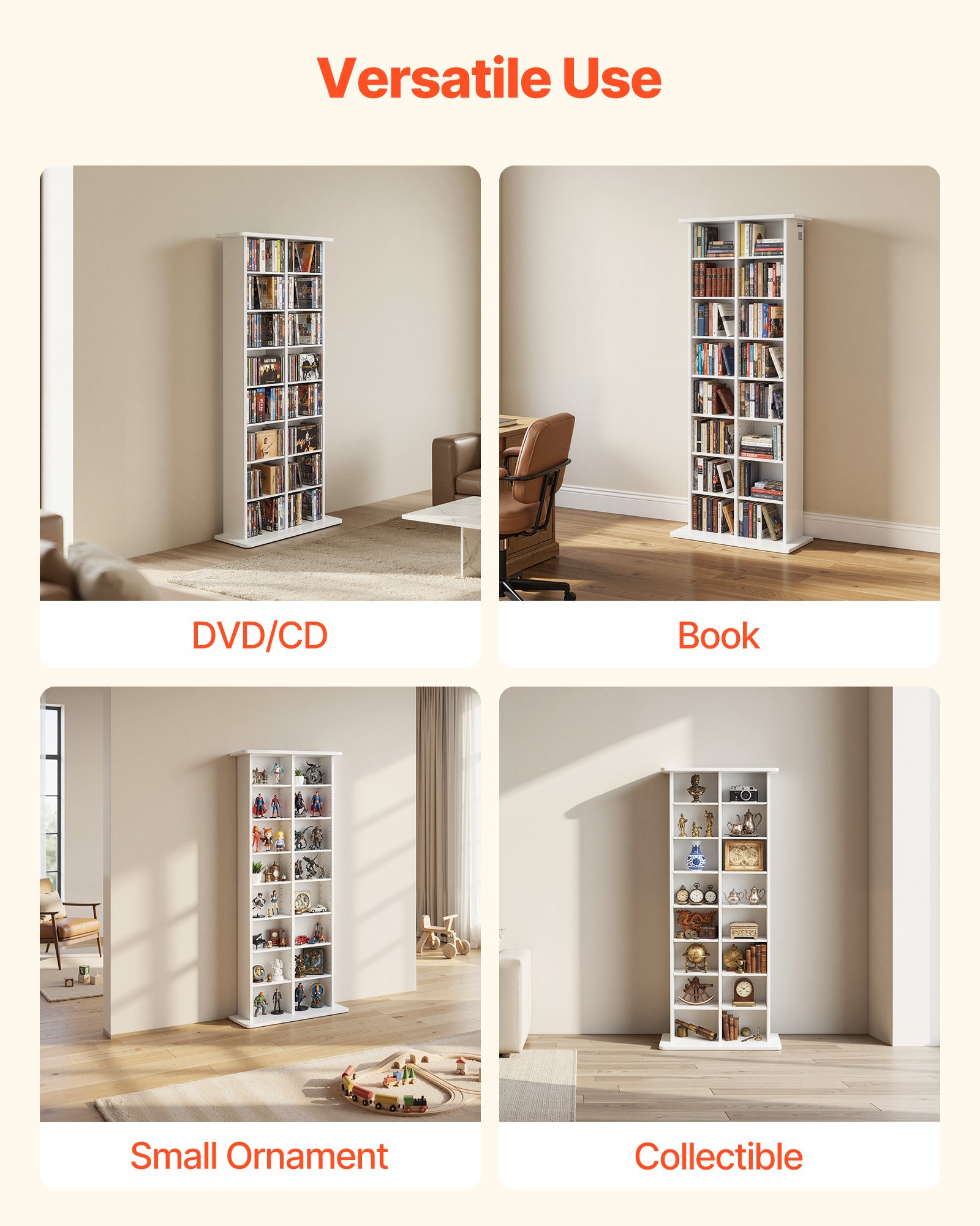 VEVOR 8-Tier Media Storage Cabinet, Adjustable DVD CD Shelf 559 x 222 x 1295 mm, Large-Capacity Organizer for Books and Games, White — attēls 6
