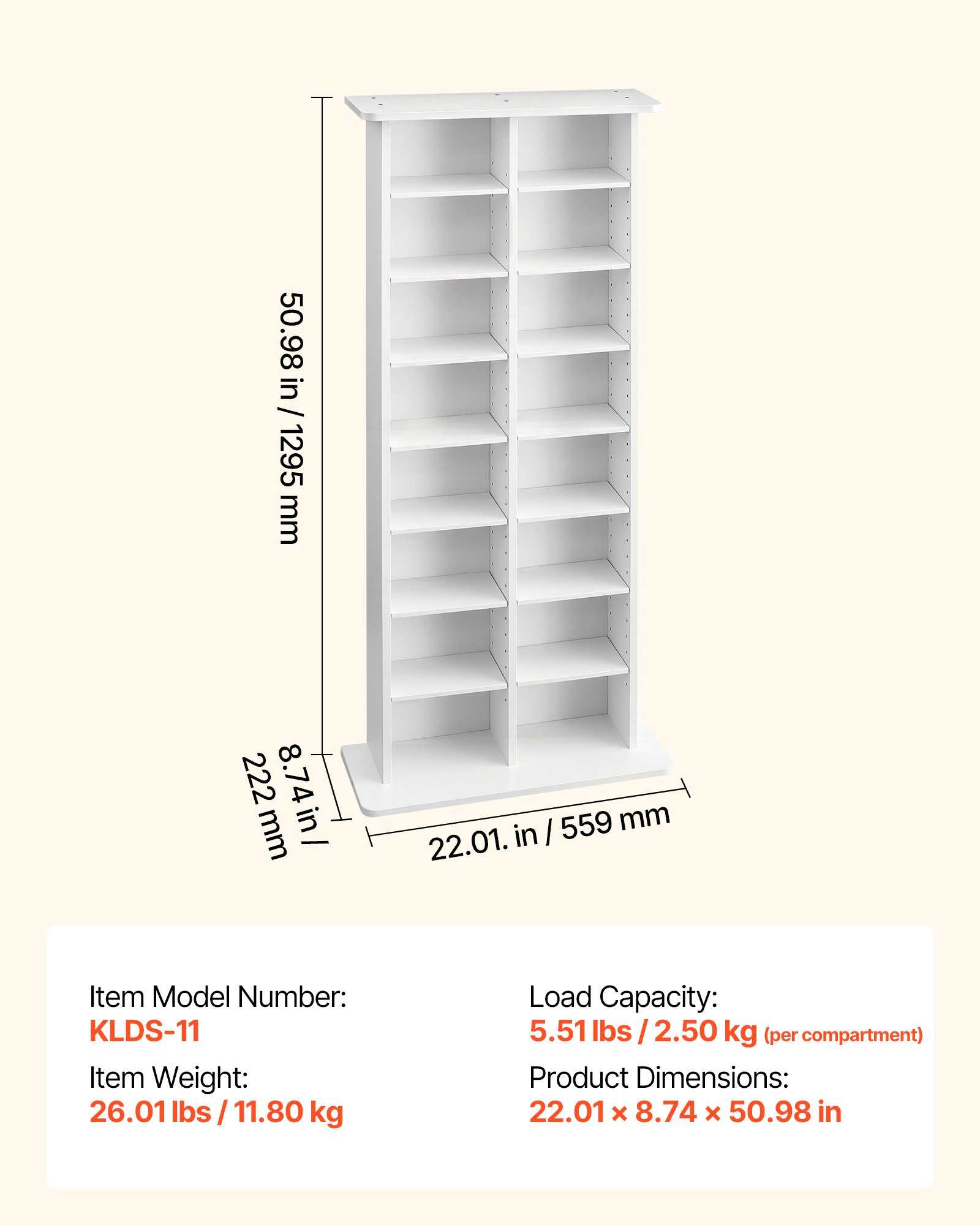 VEVOR 8-Tier Media Storage Cabinet, Adjustable DVD CD Shelf 559 x 222 x 1295 mm, Large-Capacity Organizer for Books and Games, White — attēls 7