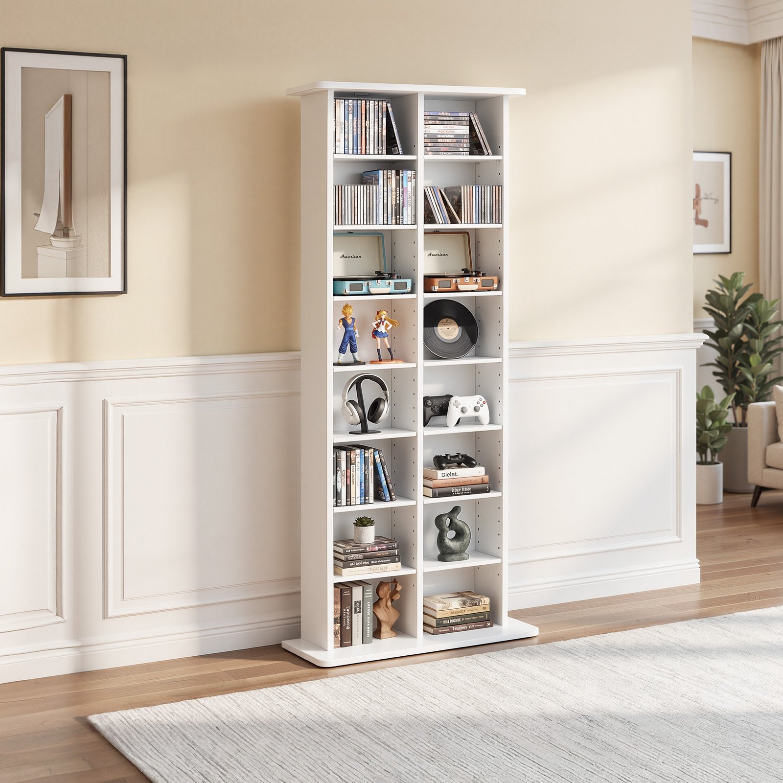 VEVOR 8-Tier Media Storage Cabinet, Adjustable DVD CD Shelf 559 x 222 x 1295 mm, Large-Capacity Organizer for Books and Games, White — attēls 8