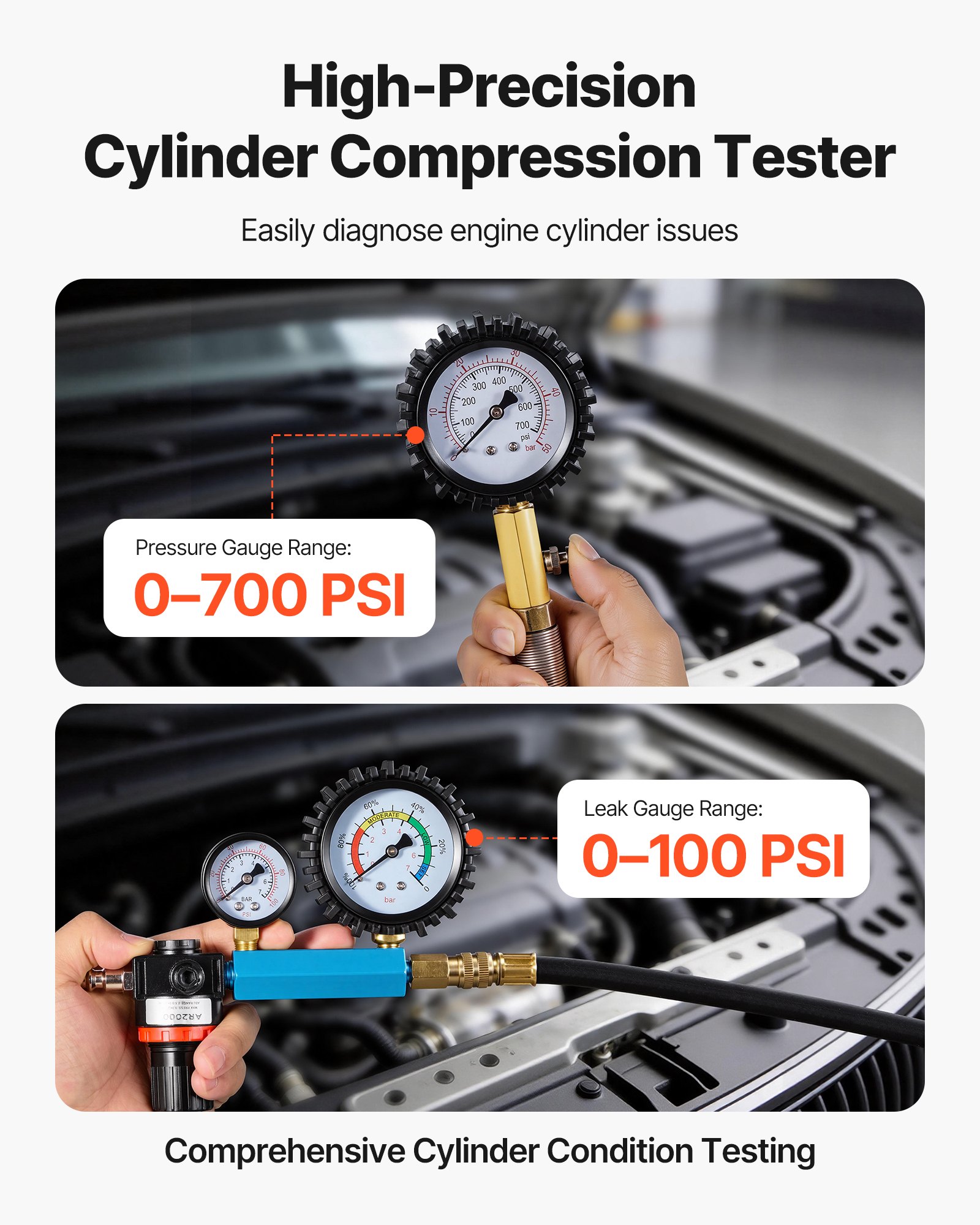 VEVOR Engine Cylinder Compression & Leak Down Tester Kit 0–700 psi/0–100 psi with 4 Adapters for Cars and Motorcycles — attēls 2