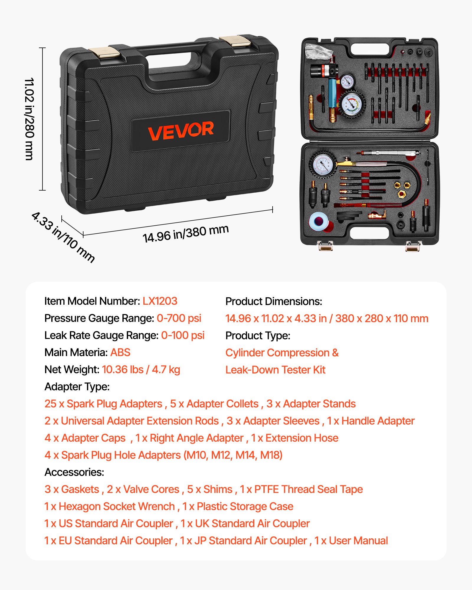 VEVOR Engine Cylinder Compression & Leak Down Tester Kit 0–700 psi/0–100 psi with 4 Adapters for Cars and Motorcycles — attēls 7
