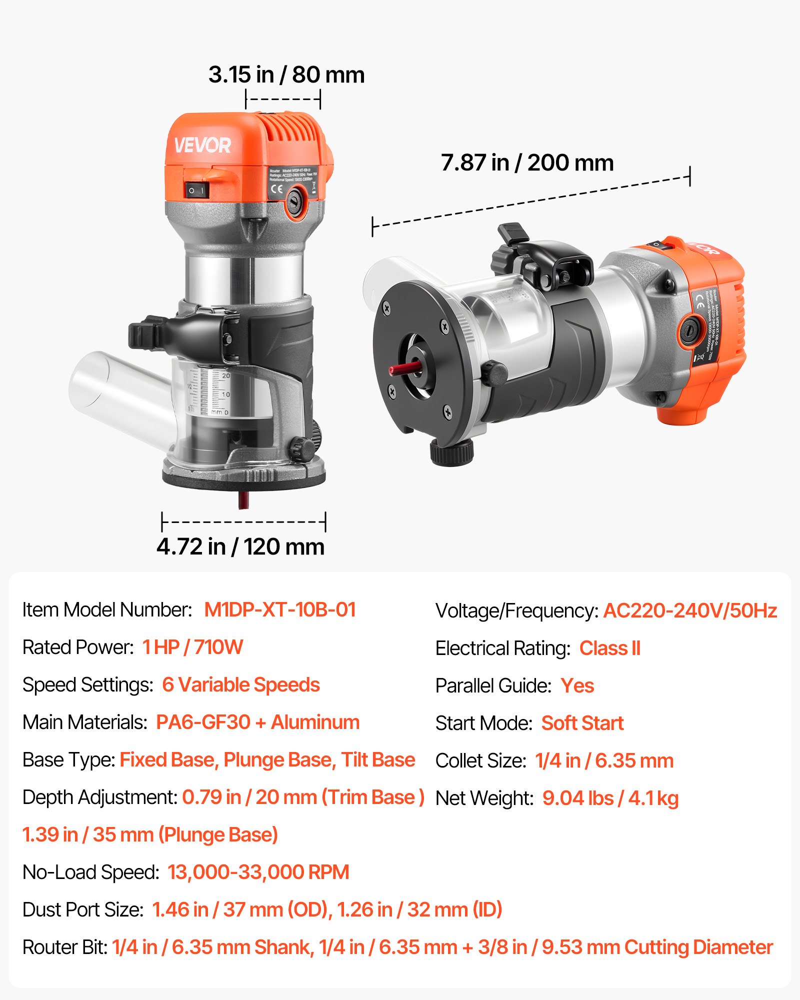 VEVOR 710W Palm Wood Router, Variable Speed Trim Router with Fixed, Plunge & Tilt Bases, Soft Start, Parallel Guide, 0–35 mm Depth — изображение 7