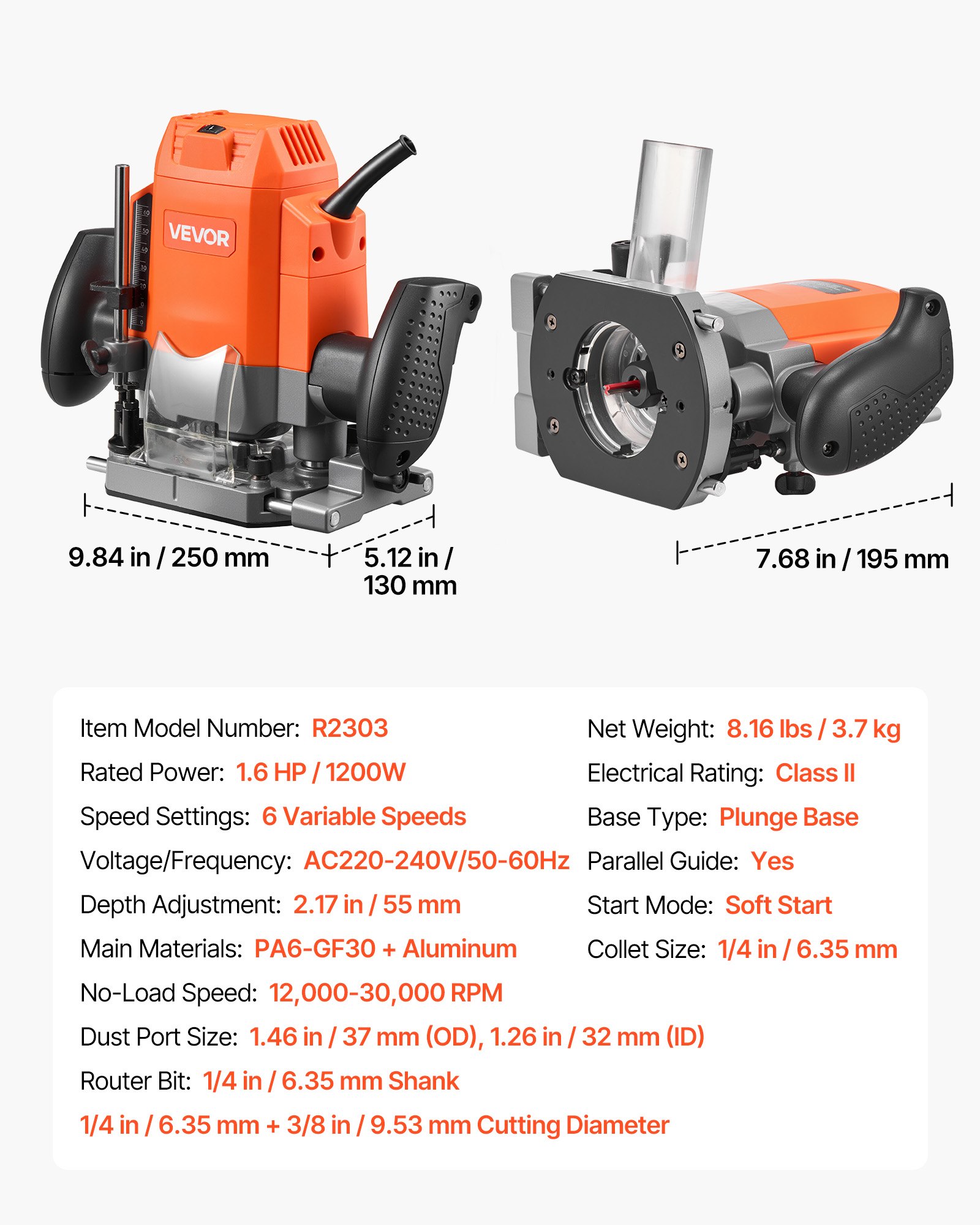 VEVOR 1200W Wood Router 55mm Plunge Base, Variable Speed Trim Router with Soft Start, Dust Hood & Guide for Woodworking - Image 7
