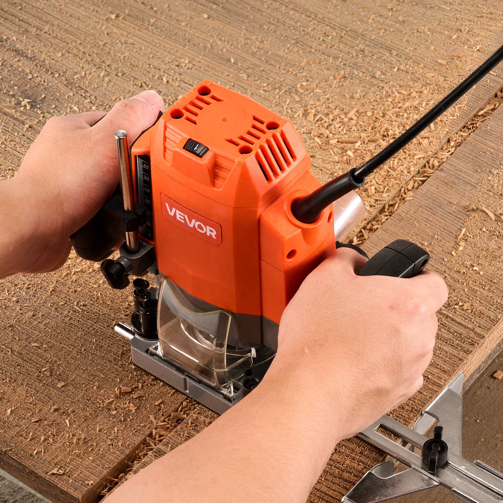 VEVOR 1200W Wood Router 55mm Plunge Base, Variable Speed Trim Router with Soft Start, Dust Hood & Guide for Woodworking - Image 8