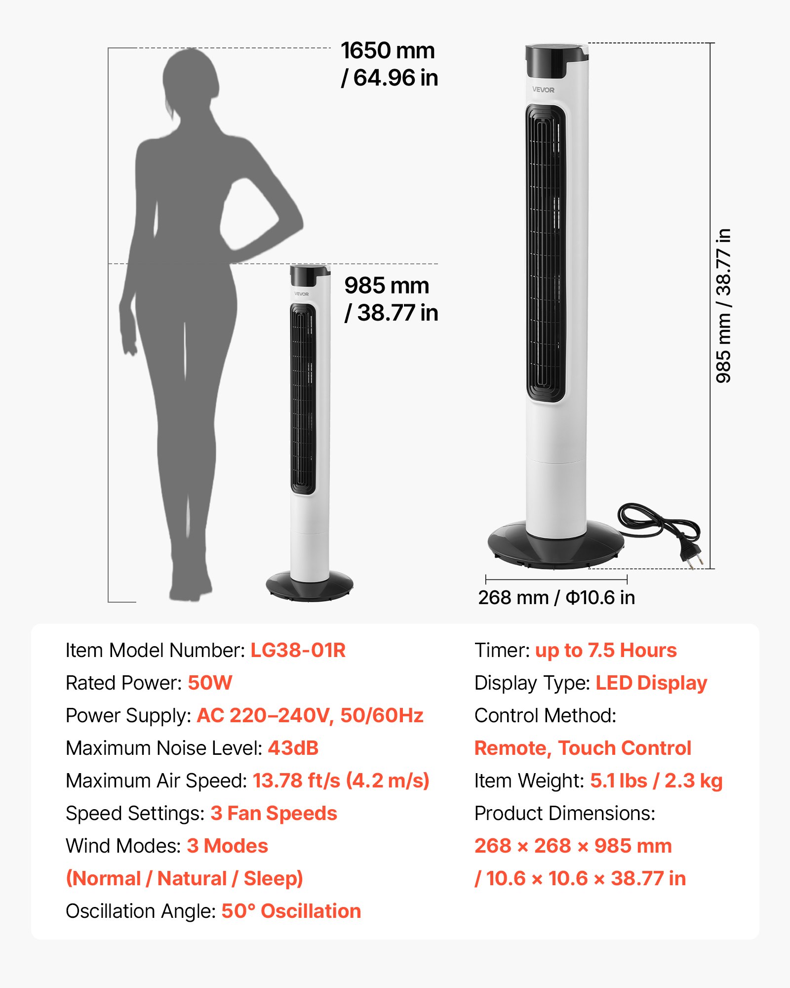 VEVOR Quiet Tower Fan 50° Oscillating, 3 Speeds 3 Modes, 7.5 h Timer, 4.2 m/s High Velocity Floor Fan for Bedroom Living Room Office, White - Pilt 7