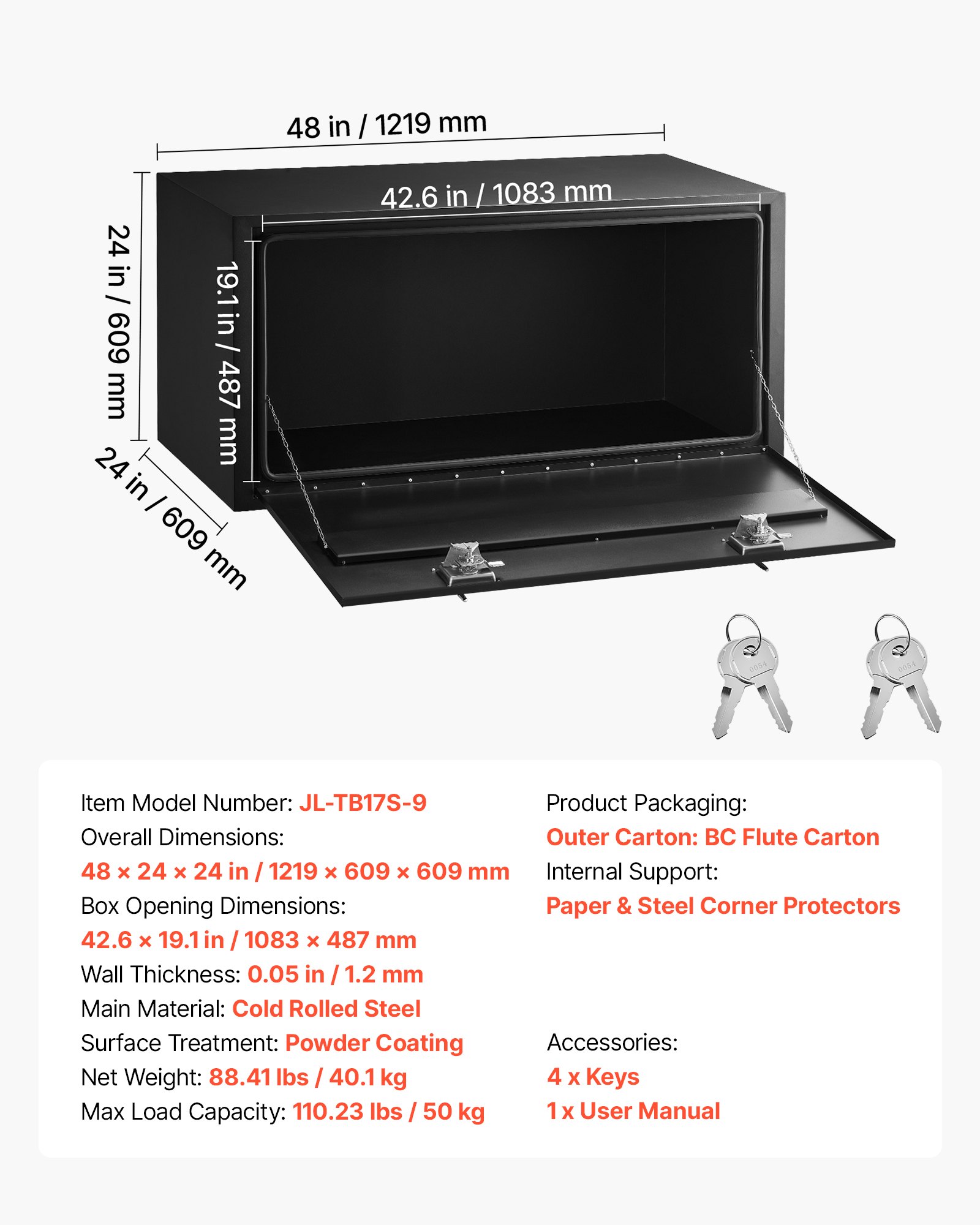 VEVOR 1219x609x609 mm Underbody Truck Tool Box, Heavy-Duty Steel Lockable Waterproof Trailer Storage Chest, Black — изображение 7