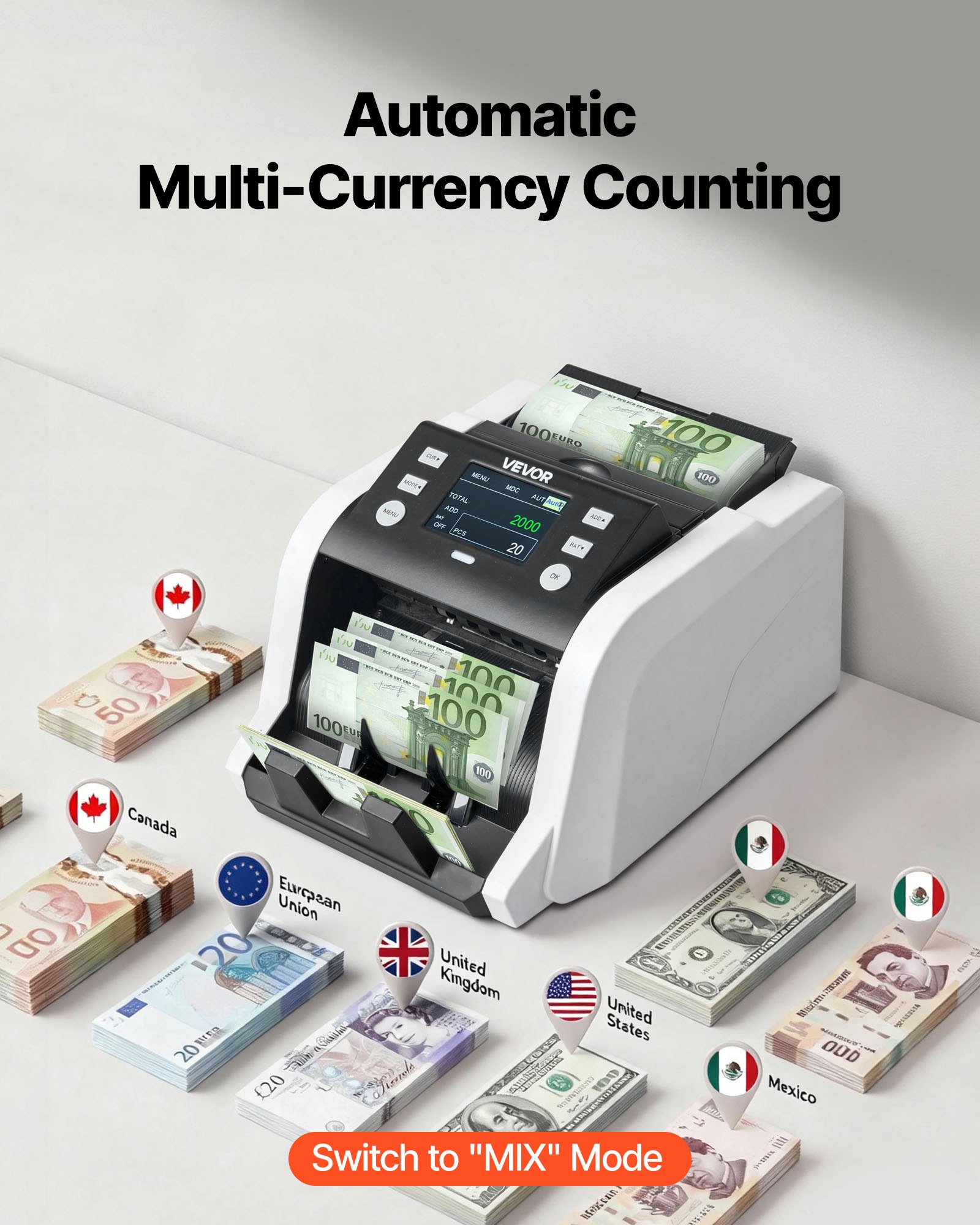 VEVOR Mixed Denomination Money Counter 1200 Notes/Min with CIS, UV/MG/IR Detection, TFT Dual Display for USD EUR GBP CAD MXN - Pilt 4