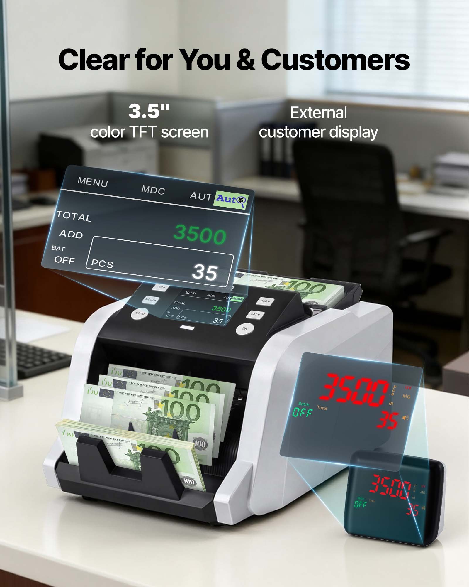VEVOR Mixed Denomination Money Counter 1200 Notes/Min with CIS, UV/MG/IR Detection, TFT Dual Display for USD EUR GBP CAD MXN - Pilt 5