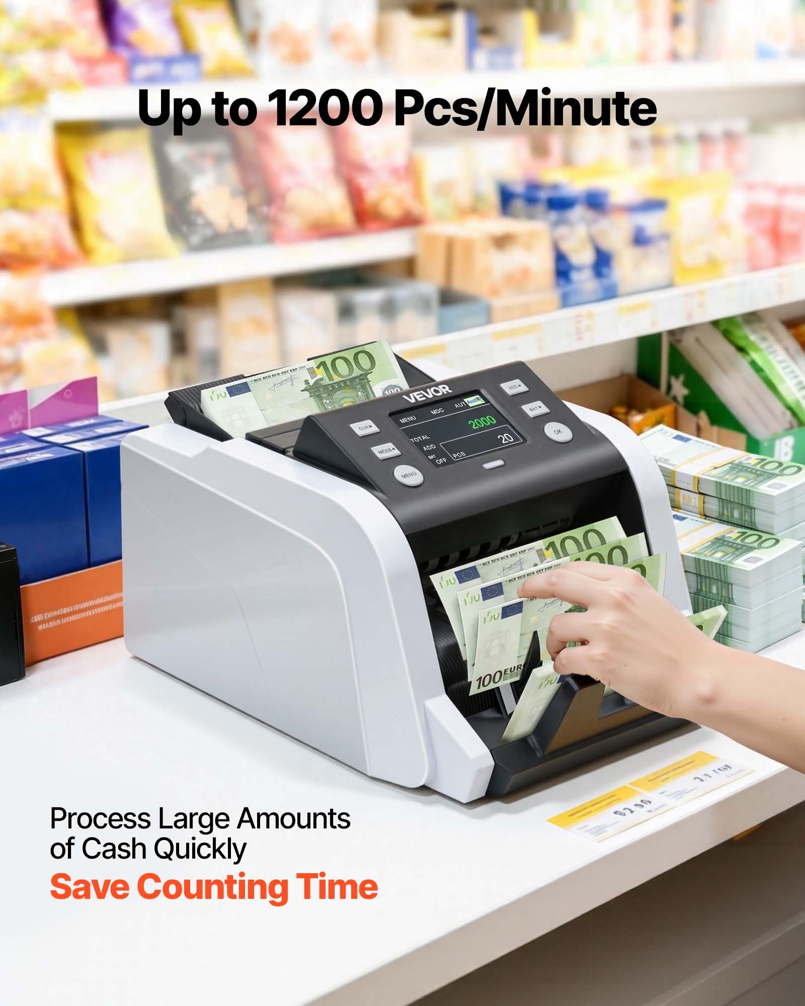 VEVOR Mixed Denomination Money Counter 1200 Notes/Min with CIS, UV/MG/IR Detection, TFT Dual Display for USD EUR GBP CAD MXN - Pilt 6