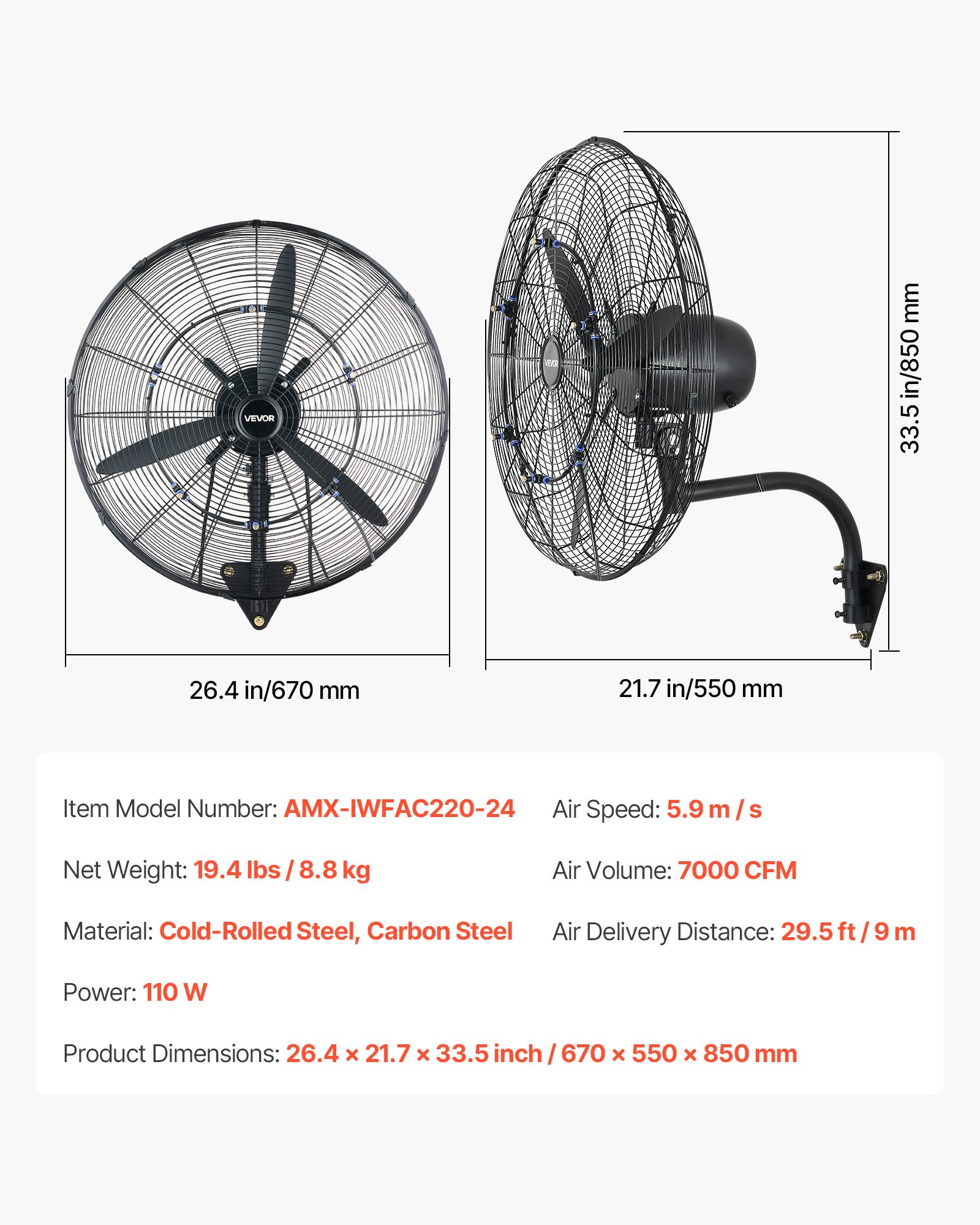 VEVOR 610 mm Wall Mounted Oscillating Mist Fan, 3-Speed, IP44, 4100 m³/h Airflow, Industrial Commercial Workshop Cooling Fan - Pilt 6