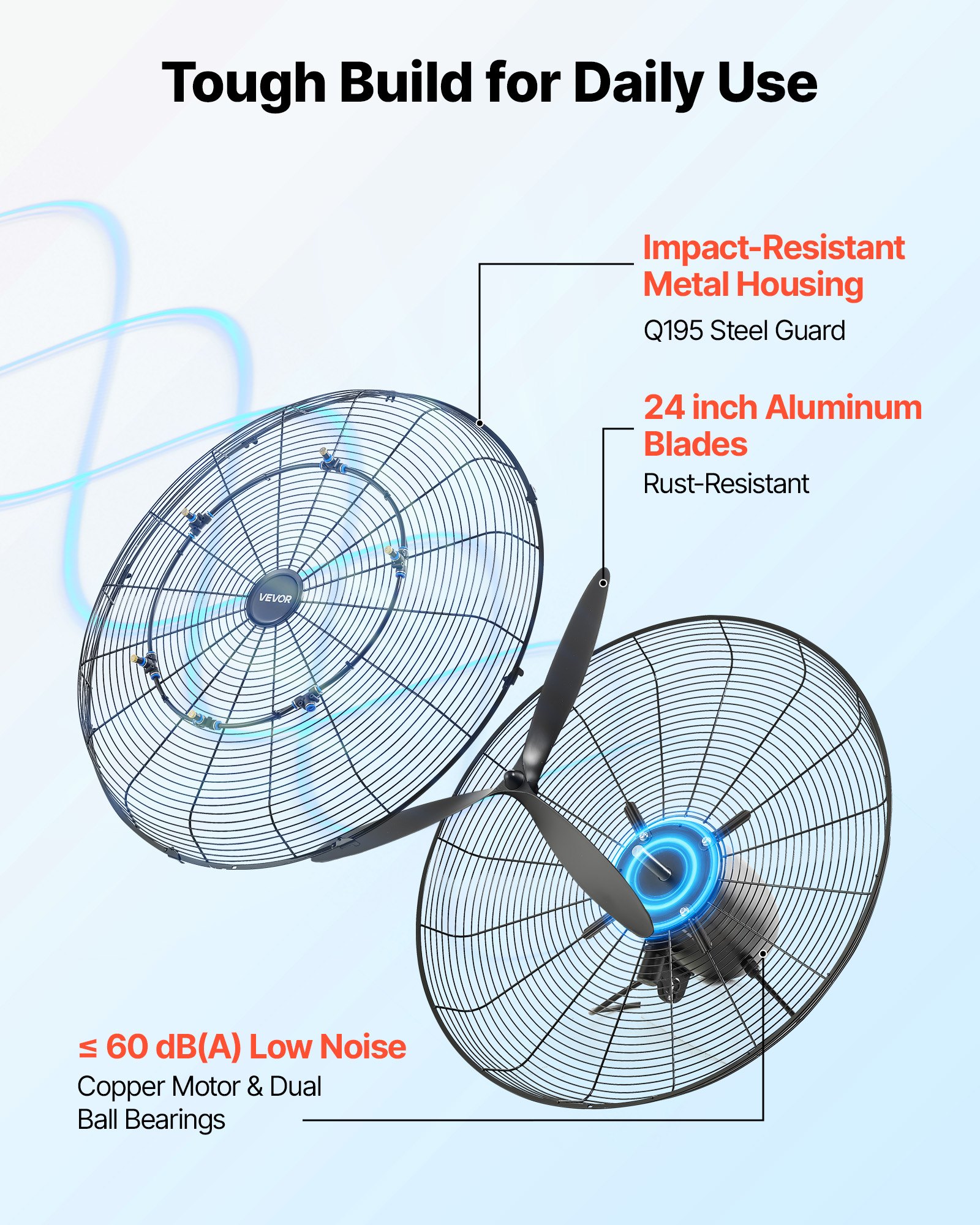 VEVOR 610 mm Wall Mounted Oscillating Mist Fan, 3-Speed, IP44, 4100 m³/h Airflow, Industrial Commercial Workshop Cooling Fan - Pilt 7