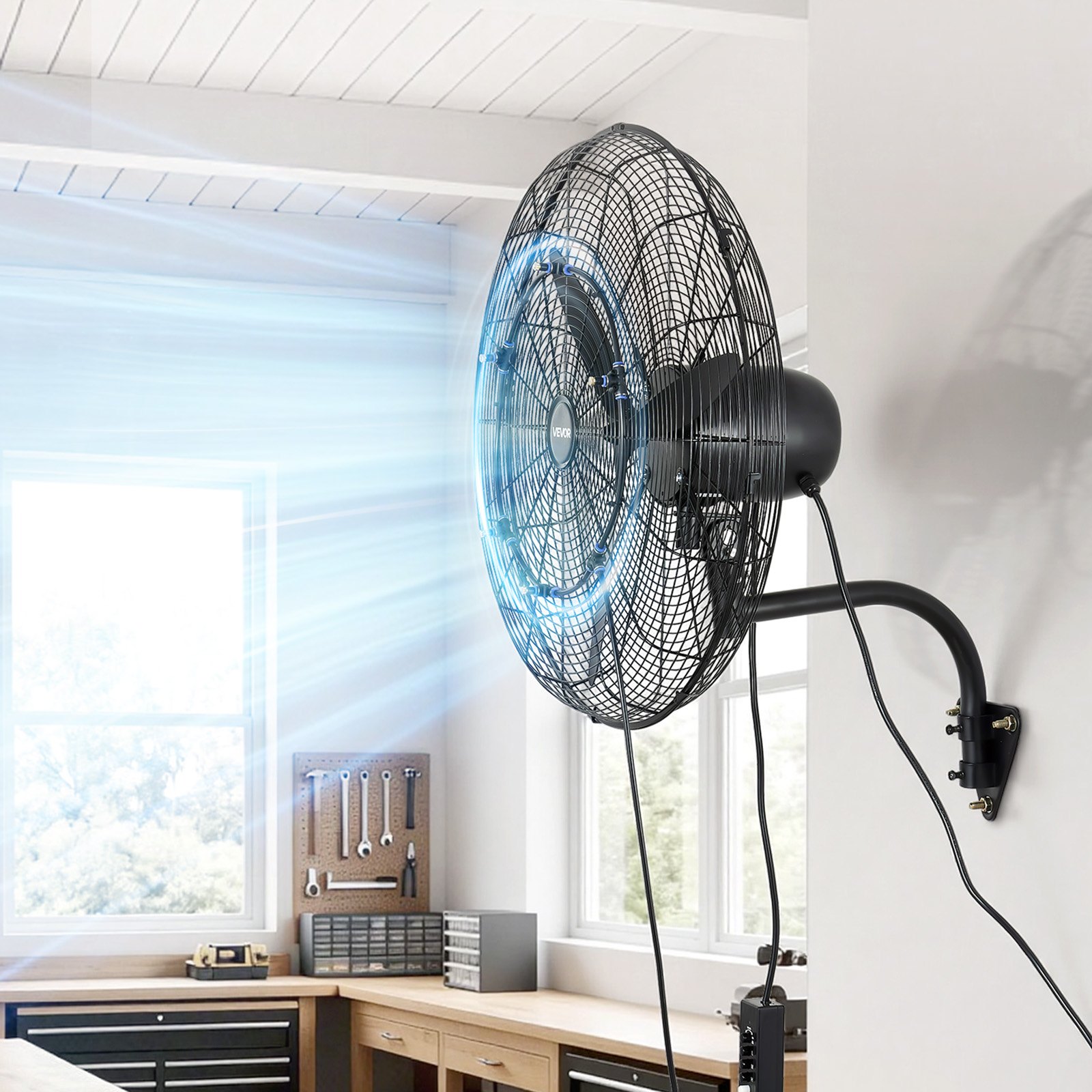 VEVOR 610 mm Wall Mounted Oscillating Mist Fan, 3-Speed, IP44, 4100 m³/h Airflow, Industrial Commercial Workshop Cooling Fan - Pilt 8