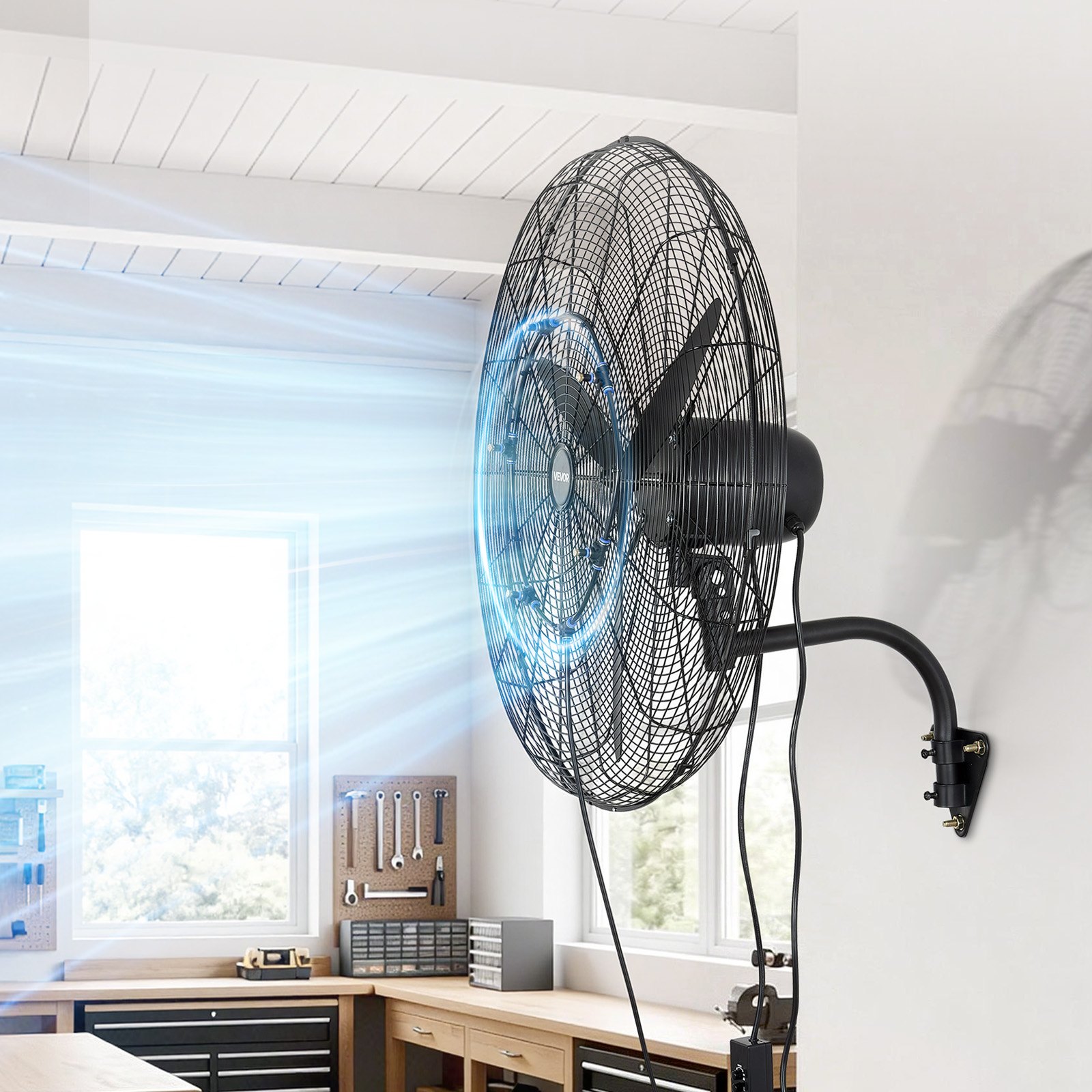 VEVOR 760 mm Wall Mounted Oscillating Mist Fan, 3-Speed, IP44, Powerful Industrial Cooling for Workshop, Warehouse, Garage, Gym - Pilt 8