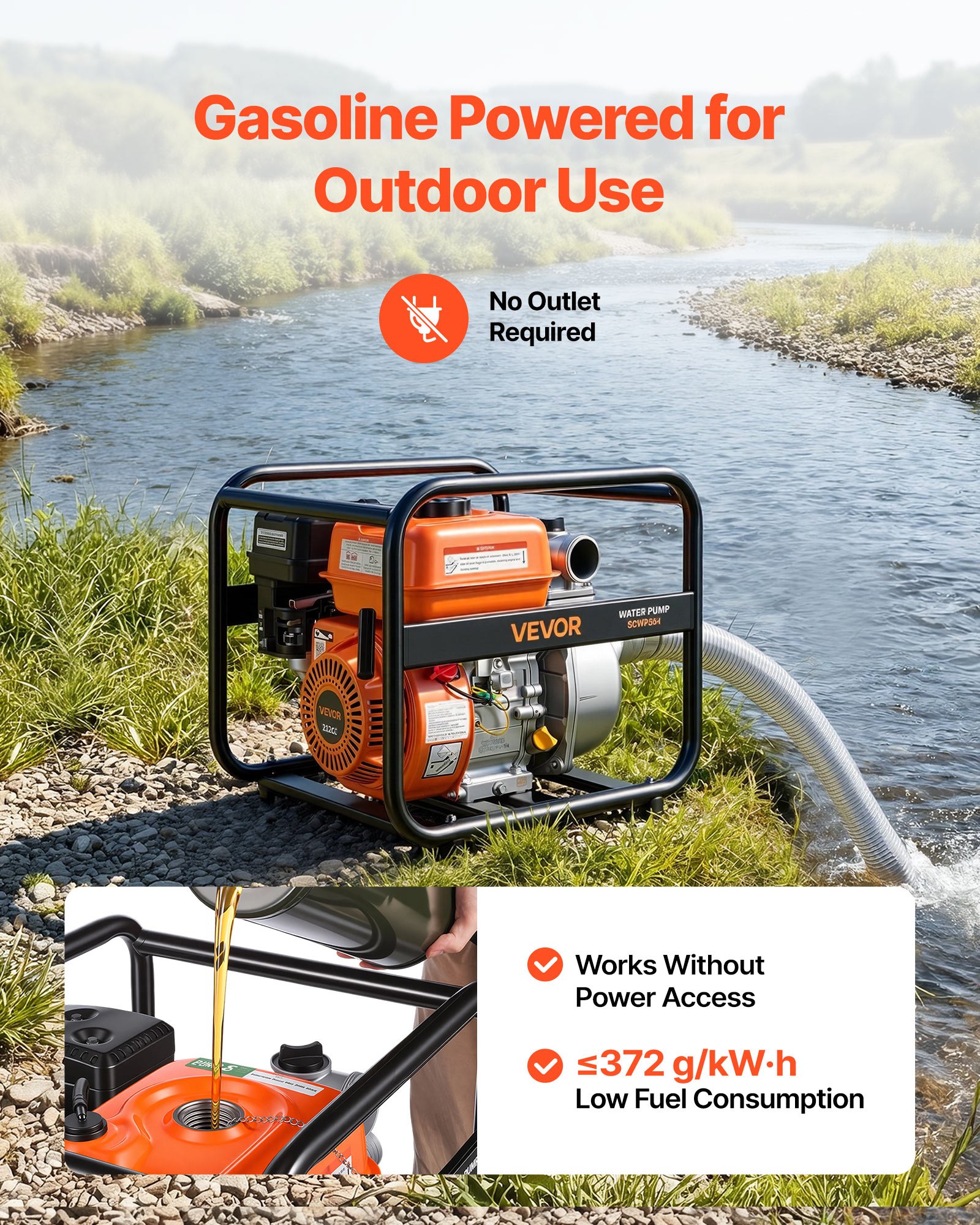 VEVOR 50.8 mm Gas Water Pump 500 L/min 4.8 kW Semi-Trash Transfer Pump with 7.6 m Hose for Irrigation, Drainage, Pools — изображение 4