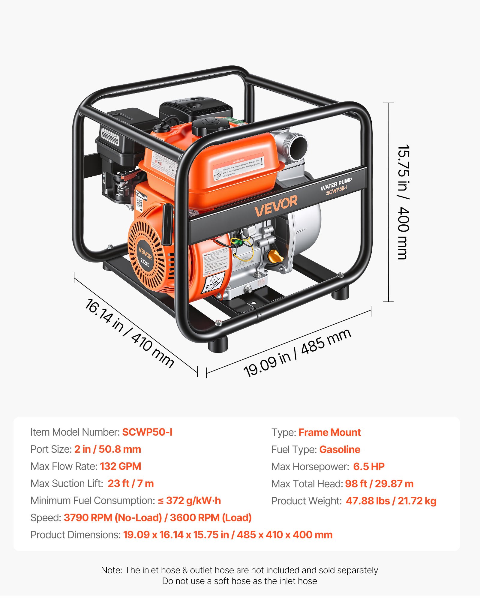 VEVOR 50.8 mm Gas Water Pump 500 L/min 4.8 kW Semi-Trash Transfer Pump with 7.6 m Hose for Irrigation, Drainage, Pools — изображение 7