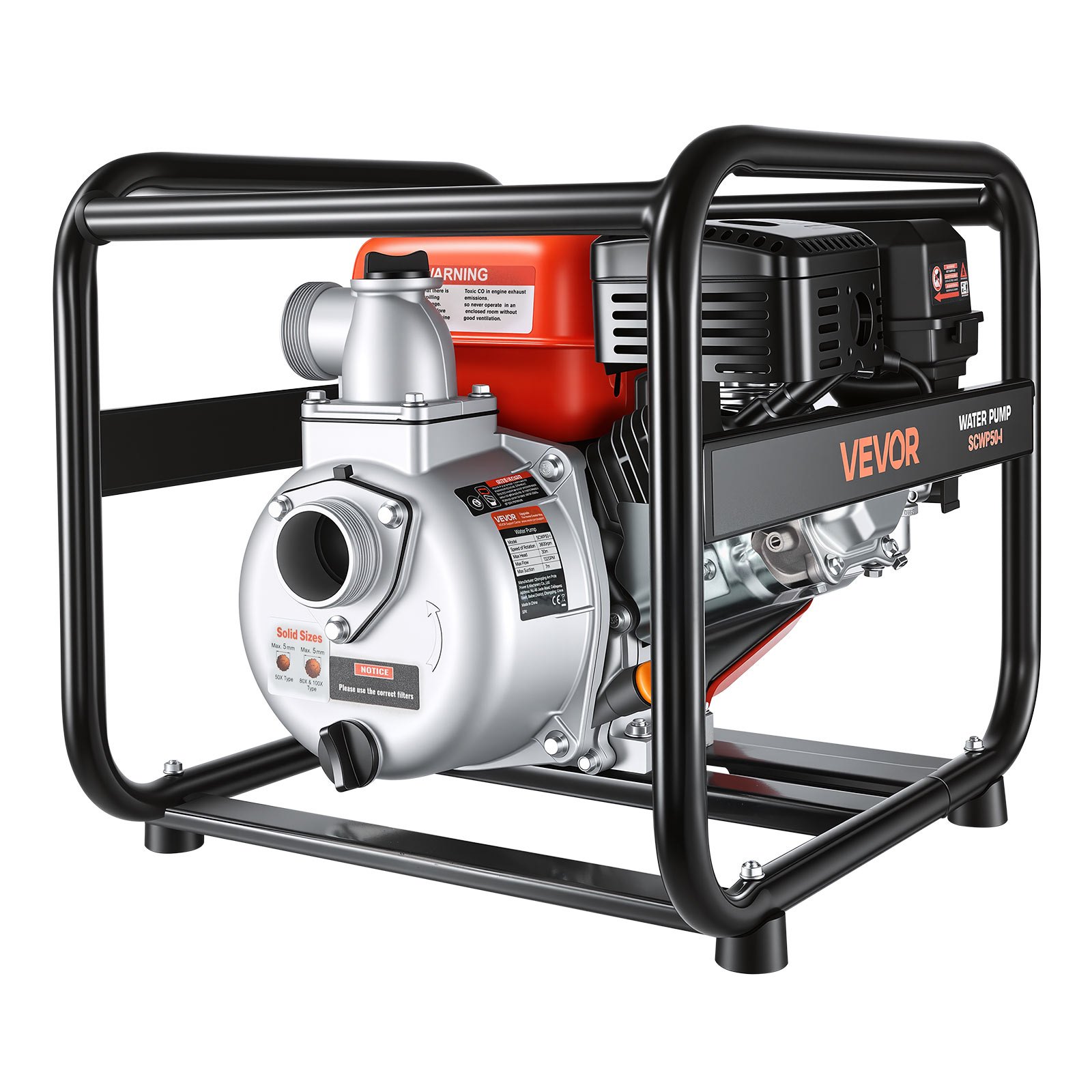 VEVOR 50.8 mm Gas Water Pump 500 L/min 4.8 kW Semi-Trash Transfer Pump with 7.6 m Hose for Irrigation, Drainage, Pools — изображение 12