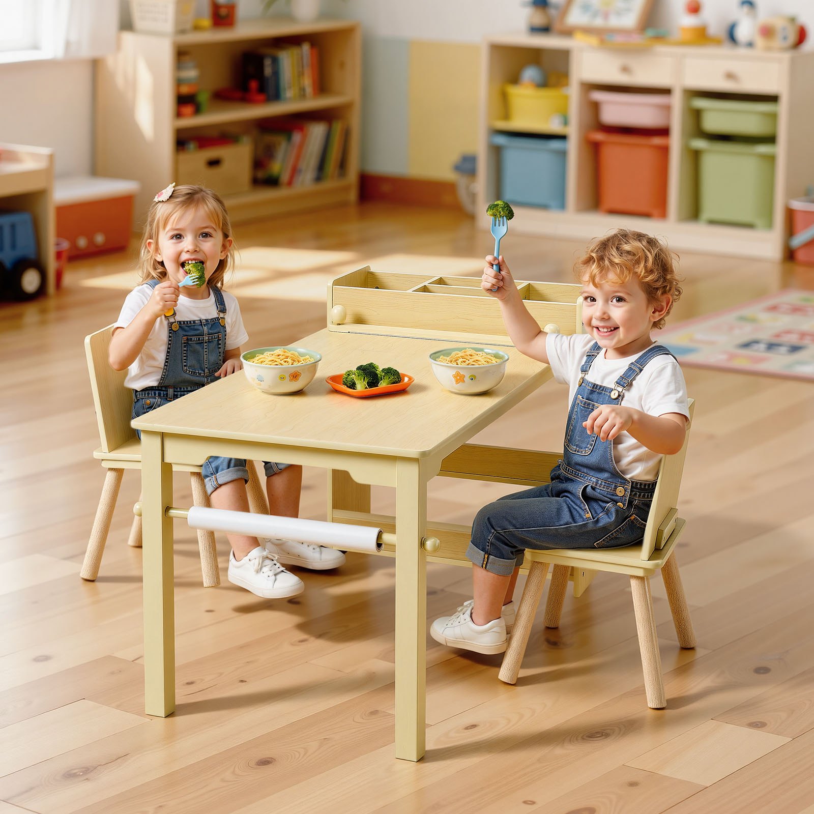 VEVOR Kids Art Table and 2 Chairs Set, Wooden Toddler Activity Desk with 3-Tier Storage Cabinet, Light Wood, Ages 2–8, Easy-Clean - Pilt 8