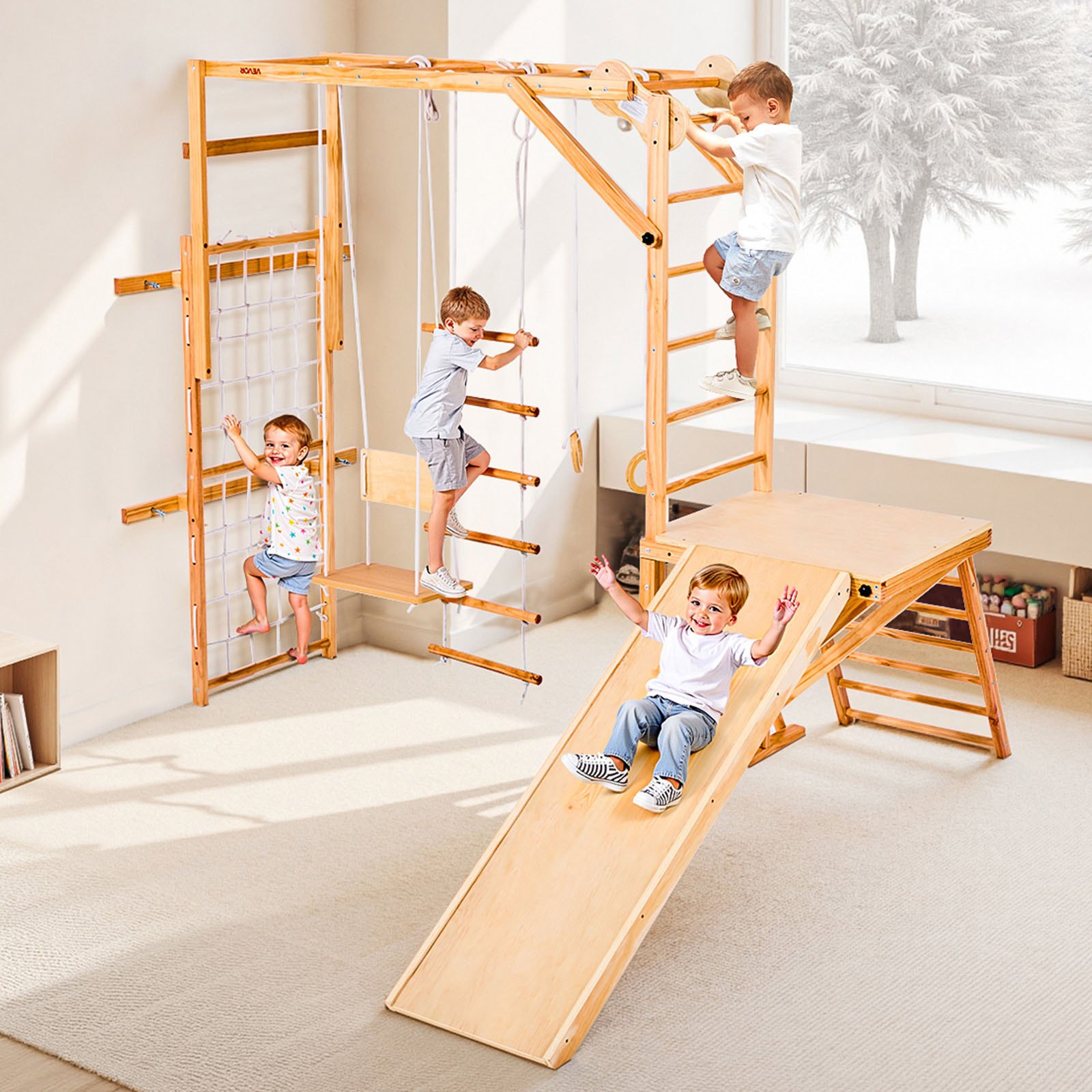 VEVOR 8-in-1 Wooden Indoor Playground Jungle Gym for Kids, Montessori Climbing Set with 1385mm Slide, Swing, Rings, Ladders, Net, 100kg - Pilt 8