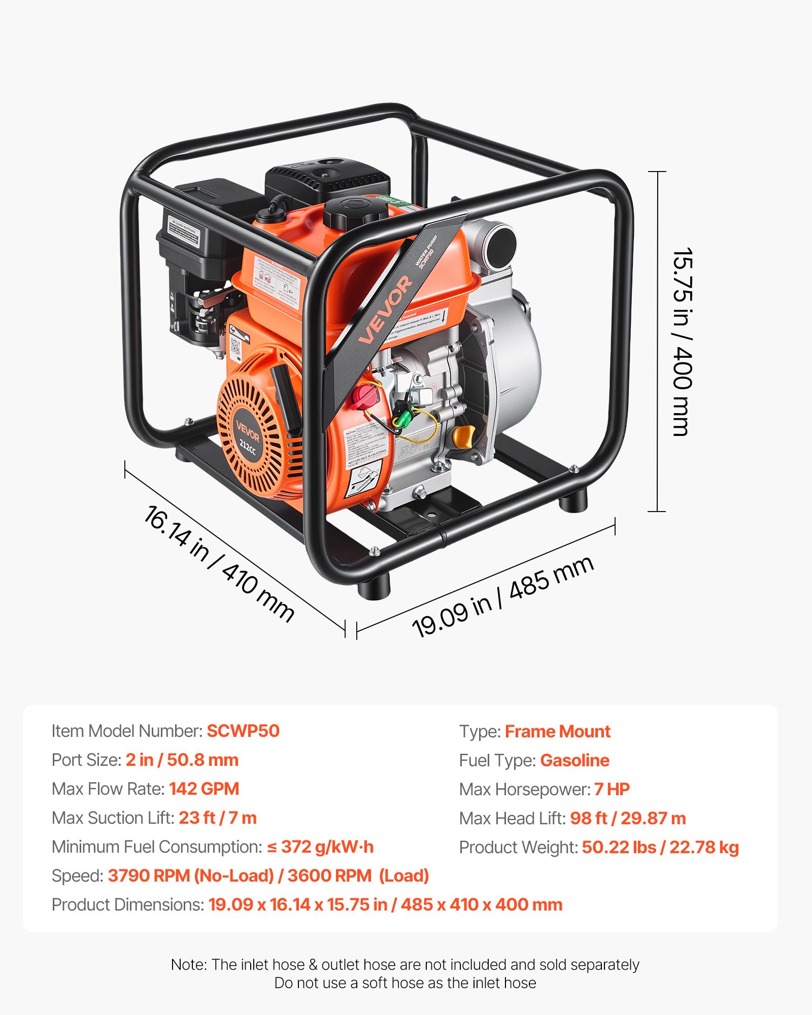 VEVOR 50.8 mm 7 HP Petrol Semi-Trash Water Pump, 538 L/min, 7.62 m Hose, High Lift Irrigation & Drainage Pump with Cast Iron Impeller — изображение 7
