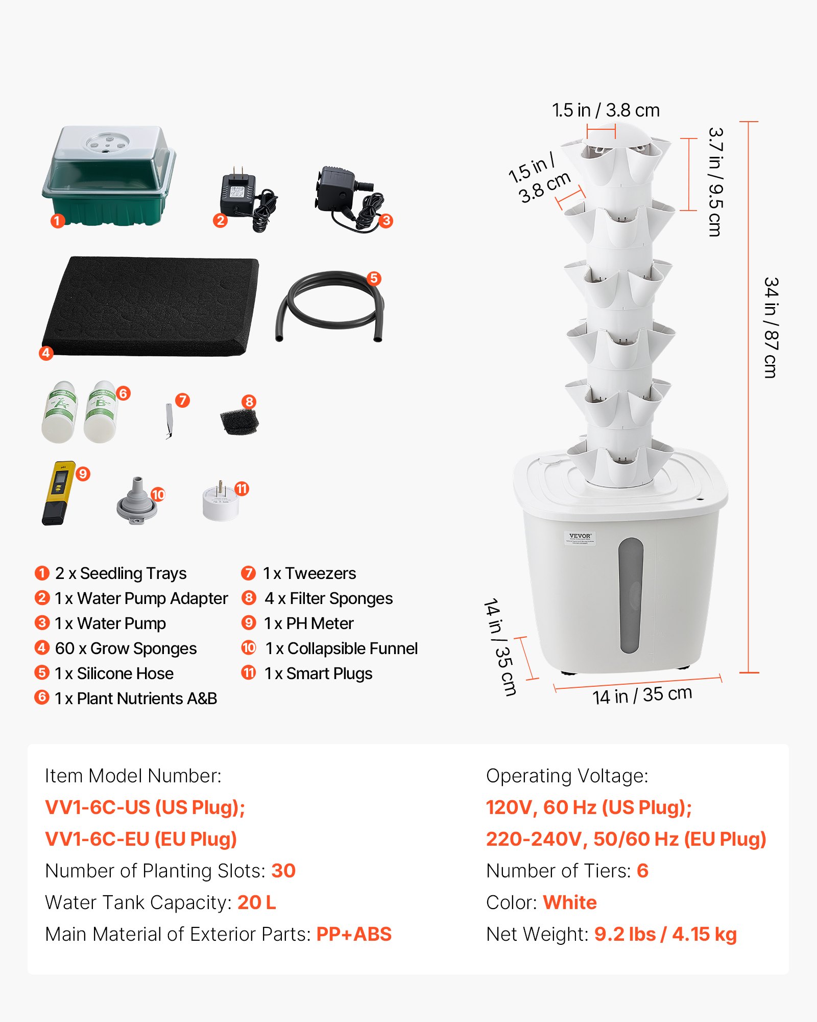 VEVOR Hydroponic Tower 30-Pod 6-Tier Indoor Vertical Garden with App Control, 20 L Tank & Pump for Herbs, Vegetables, Flowers — изображение 7