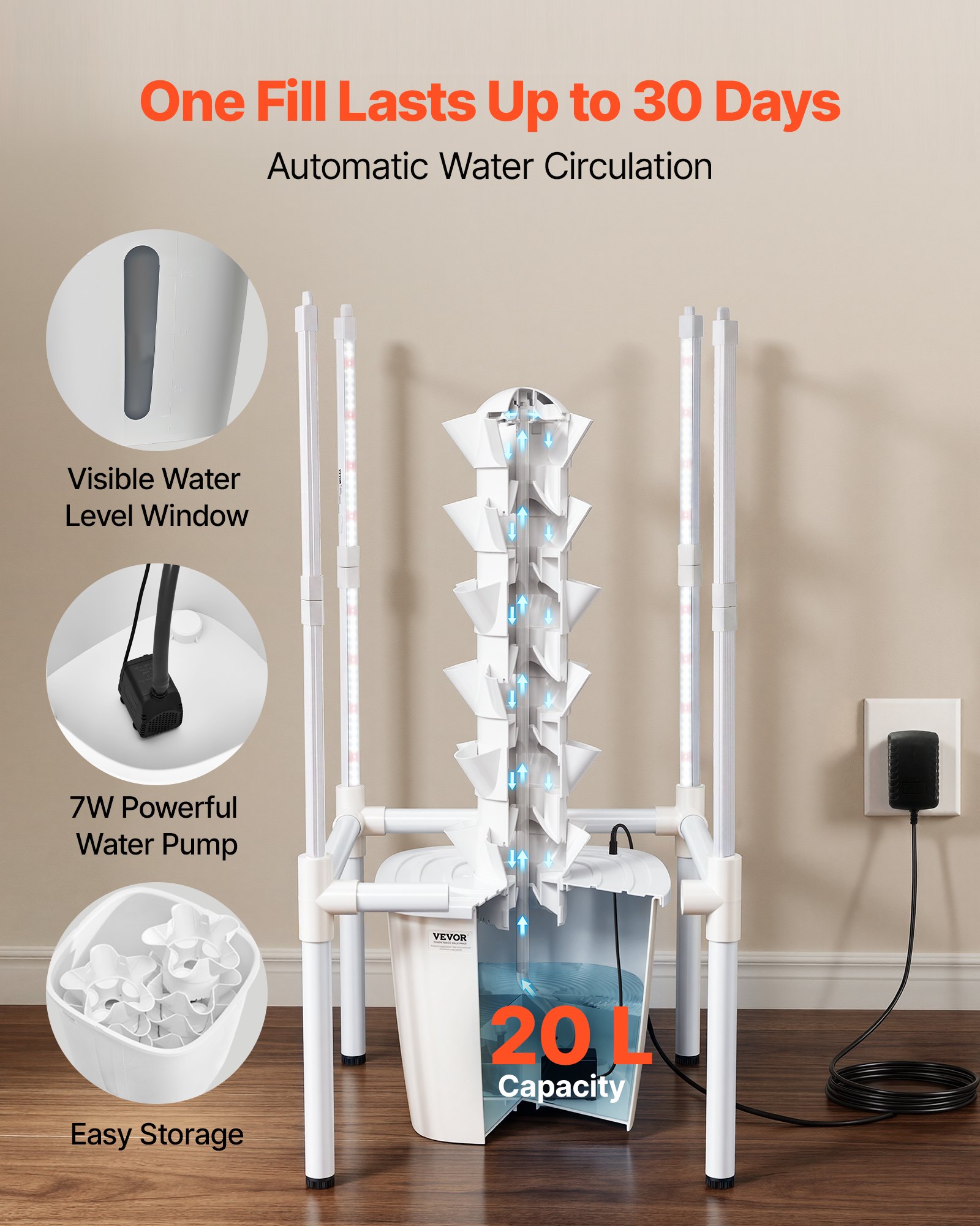 VEVOR Hydroponic Tower 6-Tier 30-Pod Vertical Indoor Garden with 20 L Tank, LED Grow Light & App Control for Herbs and Vegetables — изображение 3