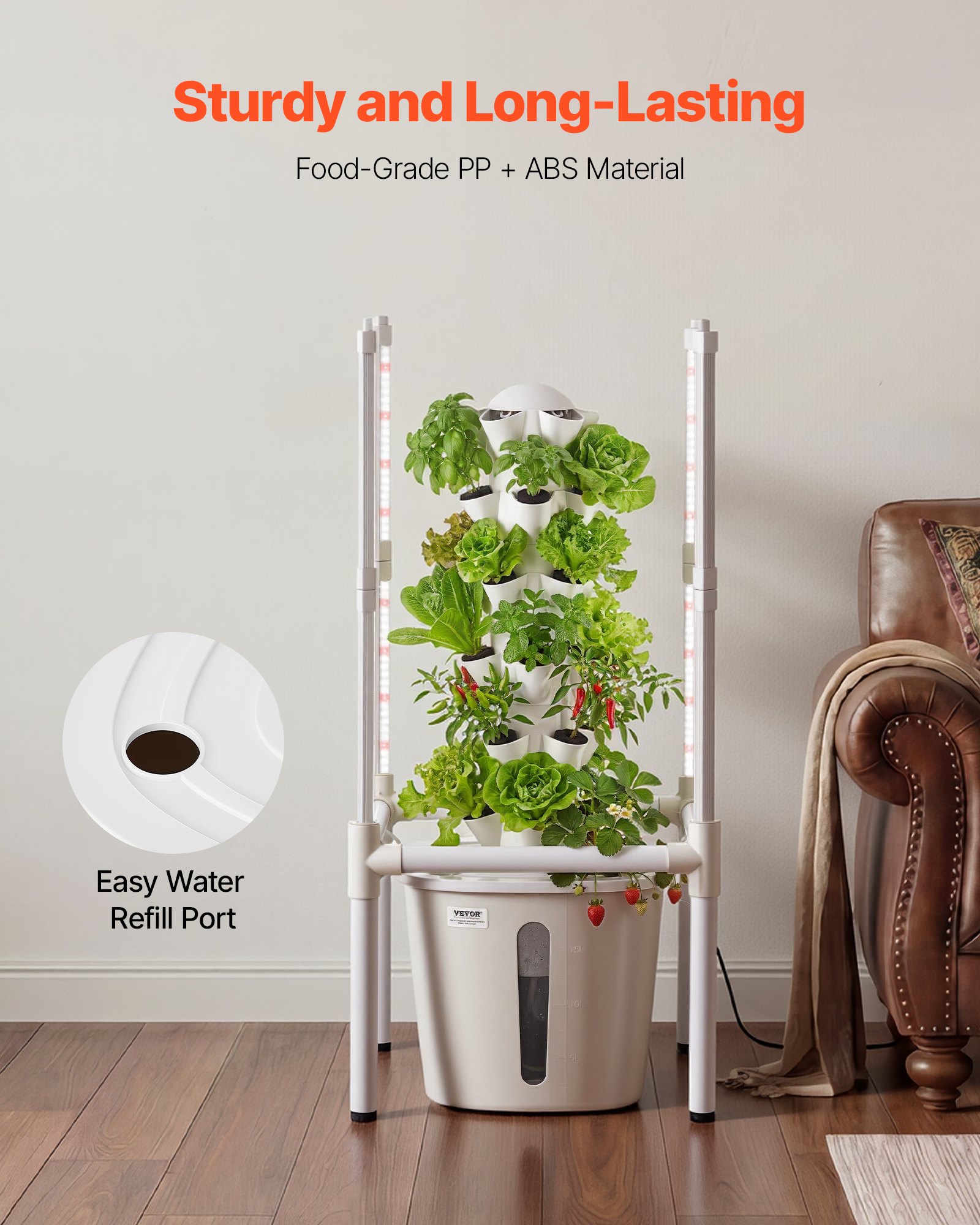 VEVOR Hydroponic Tower 6-Tier 30-Pod Vertical Indoor Garden with 20 L Tank, LED Grow Light & App Control for Herbs and Vegetables — изображение 5