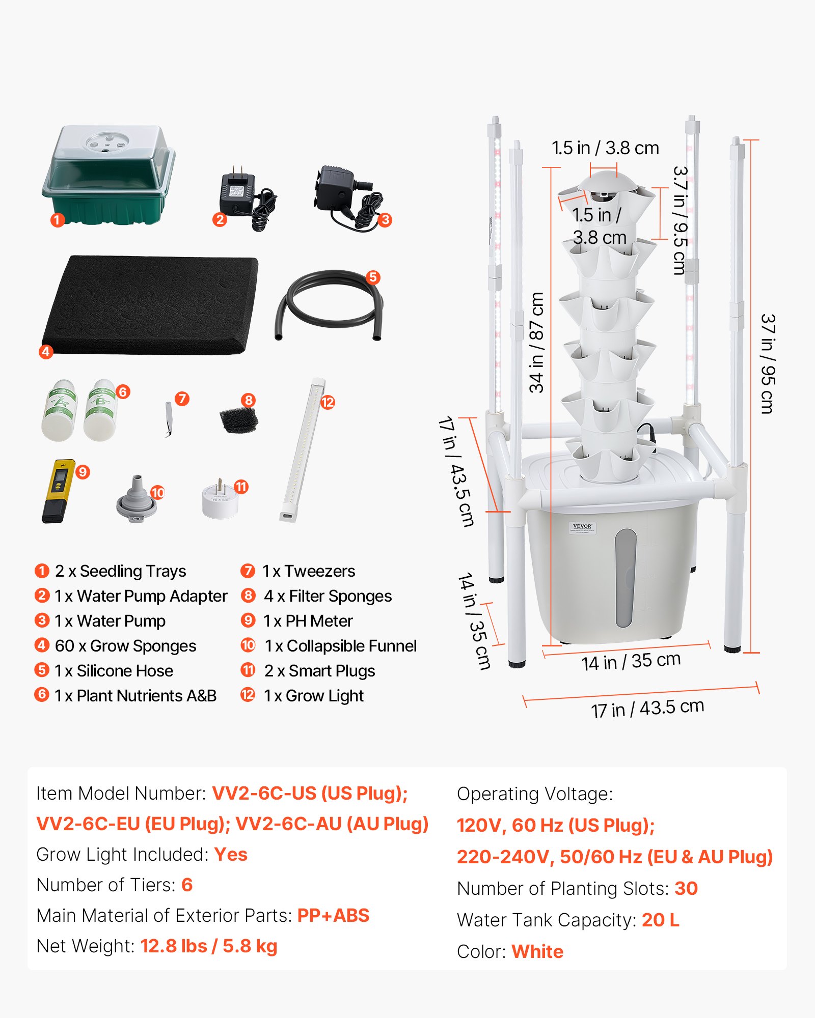 VEVOR Hydroponic Tower 6-Tier 30-Pod Vertical Indoor Garden with 20 L Tank, LED Grow Light & App Control for Herbs and Vegetables — изображение 7