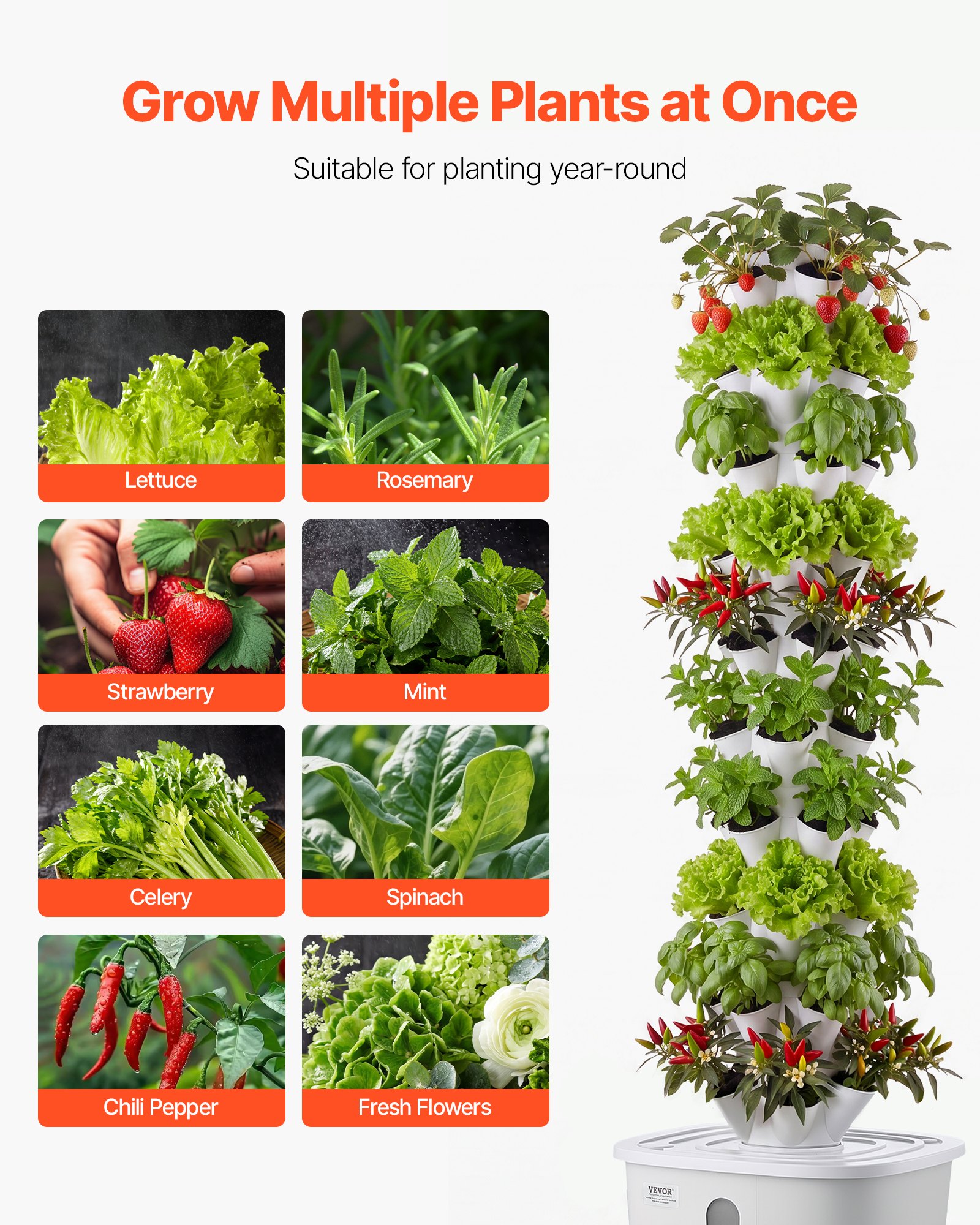 VEVOR Hydroponic Tower 50-Pod 10-Tier Vertical Indoor Garden with 20 L Tank, Pump, App Control & Casters for Herbs, Fruit, Vegetables — изображение 6