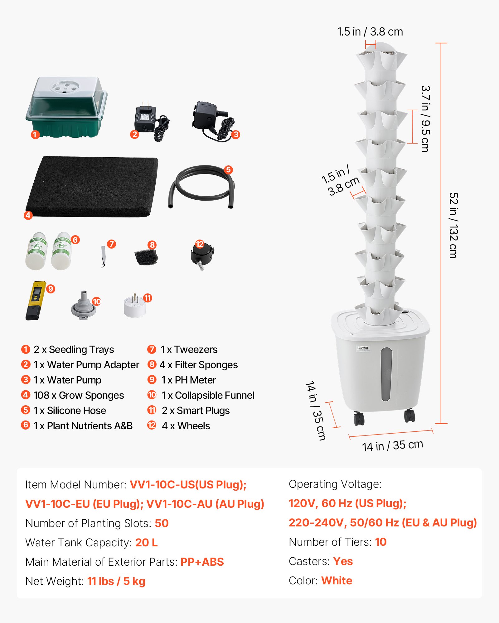 VEVOR Hydroponic Tower 50-Pod 10-Tier Vertical Indoor Garden with 20 L Tank, Pump, App Control & Casters for Herbs, Fruit, Vegetables — изображение 7