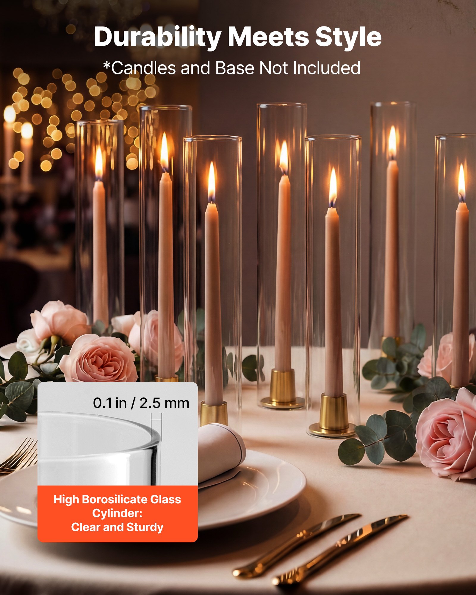 VEVOR Set of 24 Hurricane Glass Candle Cylinders, 6.5 x 35 cm Clear High-Borosilicate Covers for Pillar Candles, Wedding Decor - Pilt 4