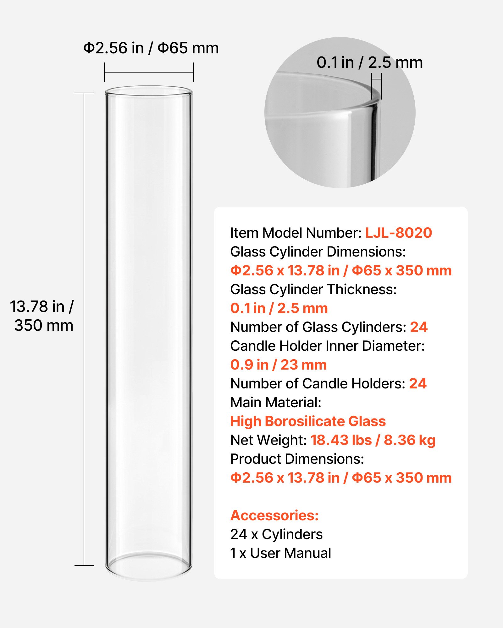 VEVOR Set of 24 Hurricane Glass Candle Cylinders, 6.5 x 35 cm Clear High-Borosilicate Covers for Pillar Candles, Wedding Decor - Pilt 7