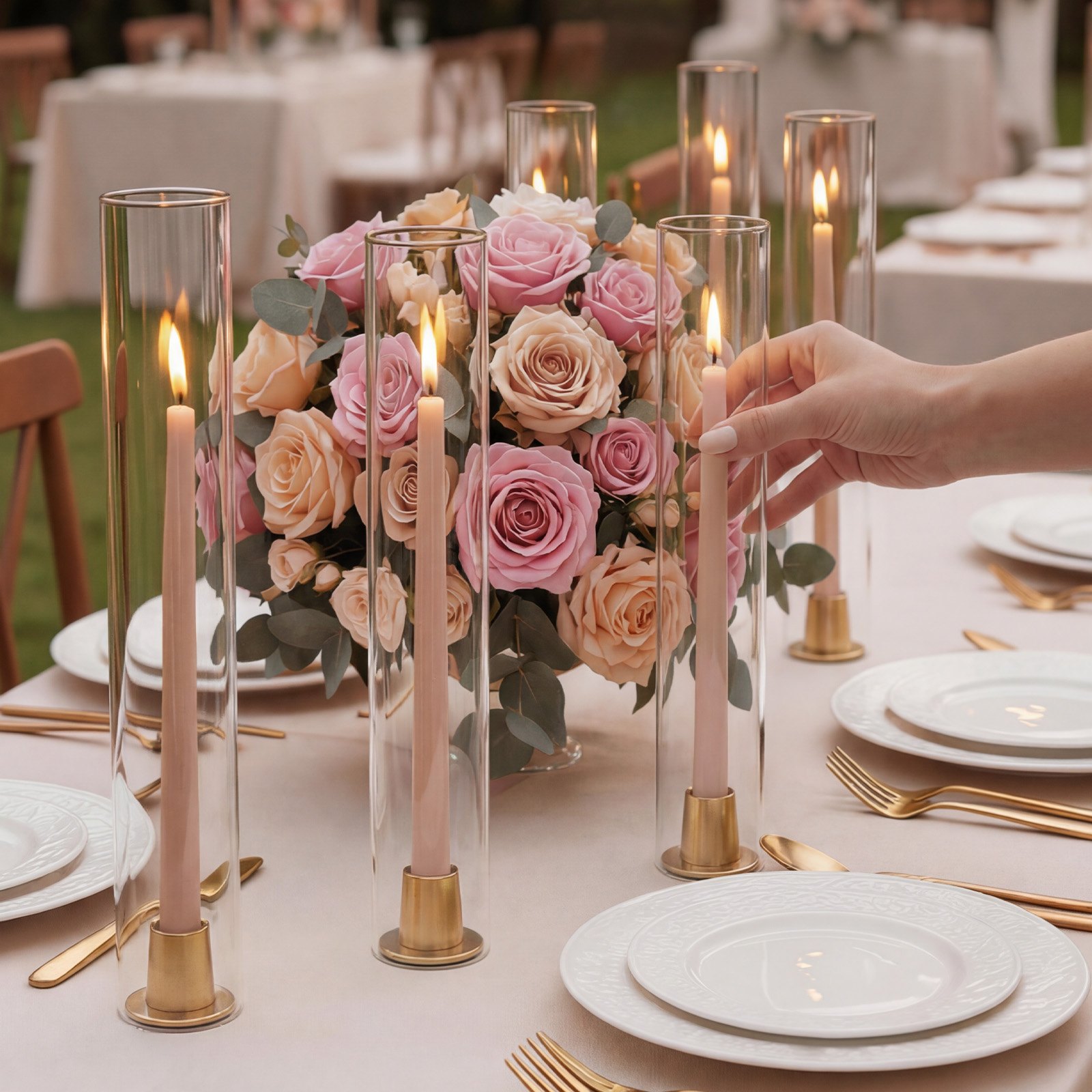 VEVOR Set of 24 Hurricane Glass Candle Cylinders, 6.5 x 35 cm Clear High-Borosilicate Covers for Pillar Candles, Wedding Decor - Pilt 8
