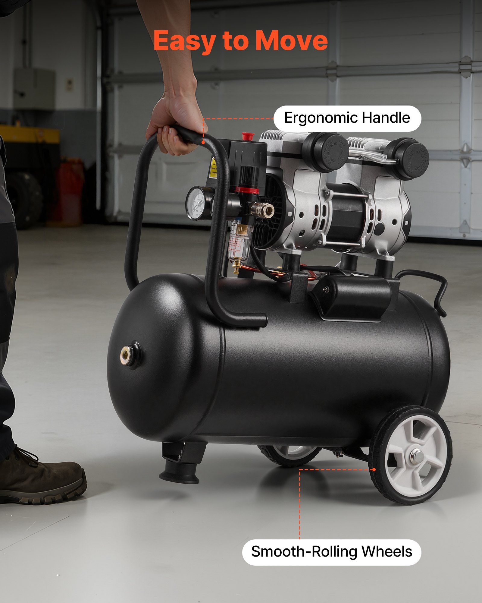 VEVOR 24L Oil-Free Air Compressor 1.1 kW, 68 L/min 8 Bar, Portable on Wheels for Tire Inflation, Auto Repair, Spray Painting - Зображення 6